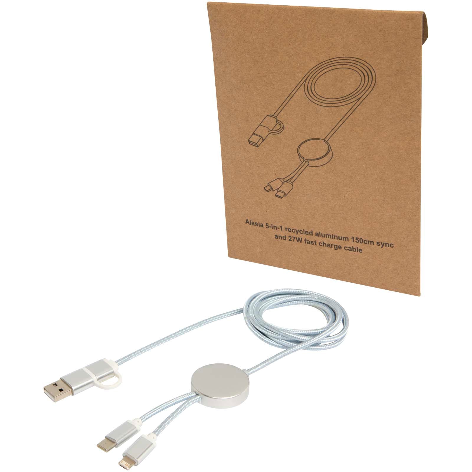 Alasia 150 cm 5-in-1 Kabel aus recyceltem Kunststoff für Datenübertragung und 27W Schnellladung – Silber