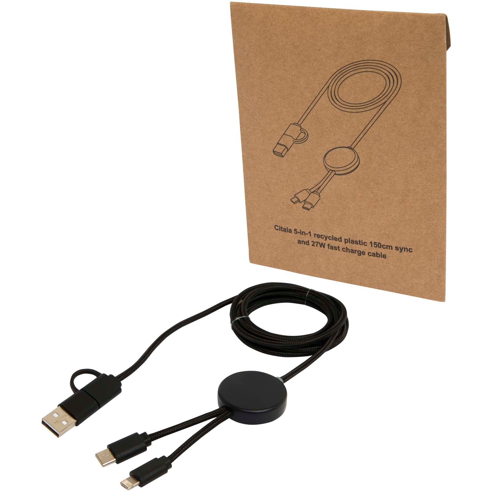 Citala 150 cm 5-in-1 Kabel aus recyceltem Kunststoff für Datenübertragung und 27W Schnellladung – Schwarz