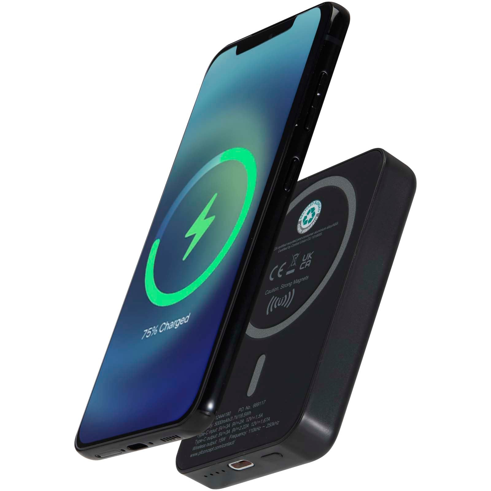 Acrab 15 W 5.000 mAh magnetische kabellose Powerbank mit 20 W PD aus recyceltem Kunststoff – Schwarz