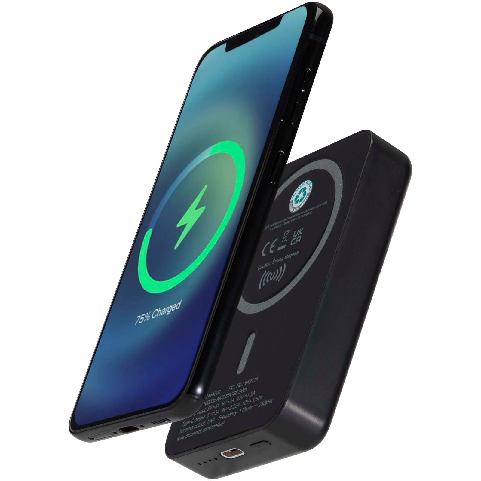 Acrab 15 W 10.000 mAh magnetische kabellose Powerbank mit 20 W PD aus recyceltem Kunststoff – Schwarz