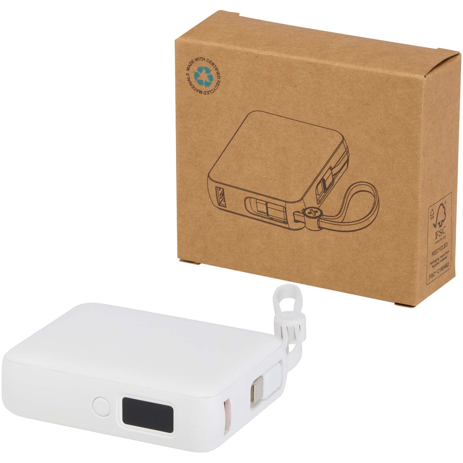 Acrux 35 W 10.000 mAh Tablet Powerbank mit integriertem Typ-C-Kabel aus recyceltem Kunststoff – Weiss
