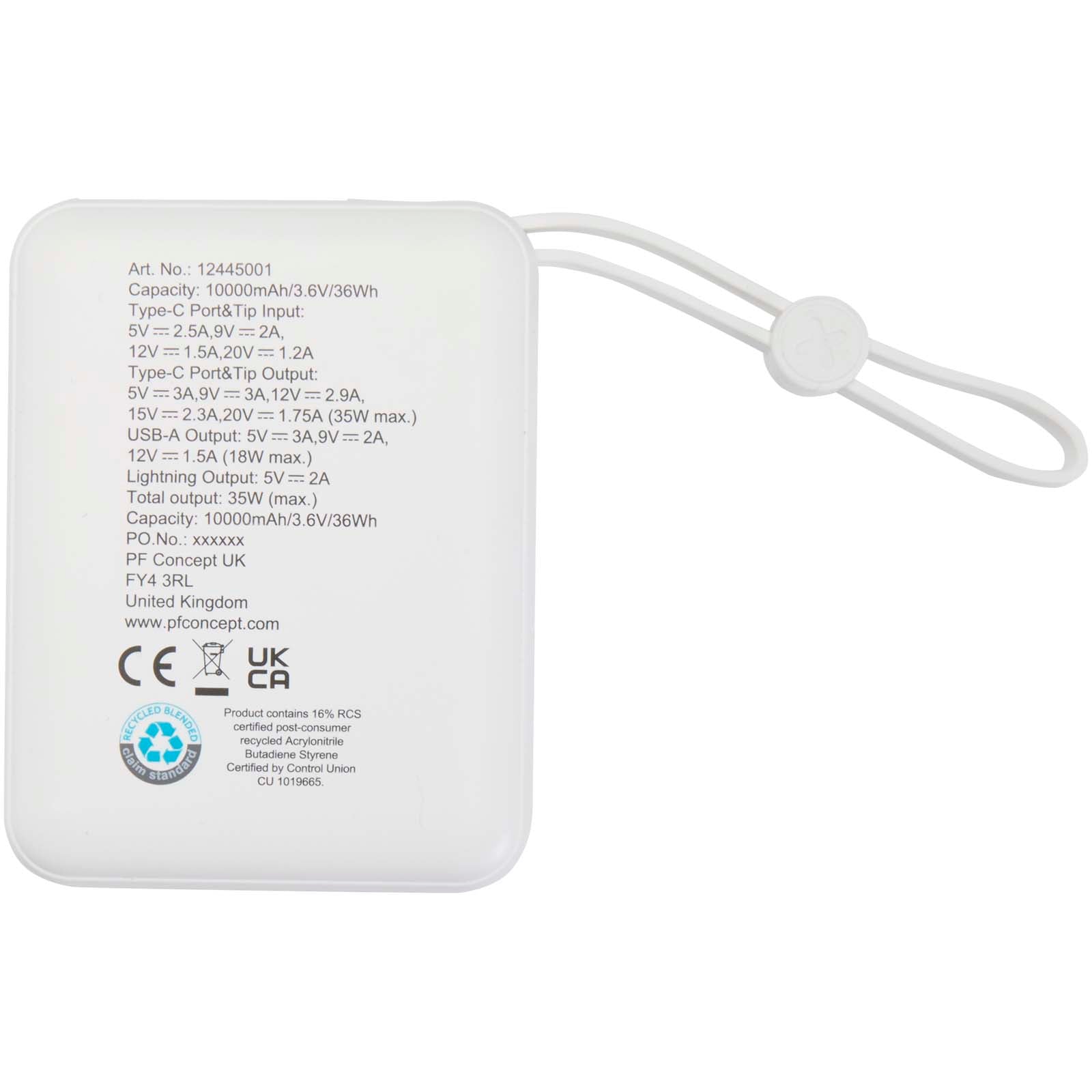 Acrux 35 W 10.000 mAh Tablet Powerbank mit integriertem Typ-C-Kabel aus recyceltem Kunststoff