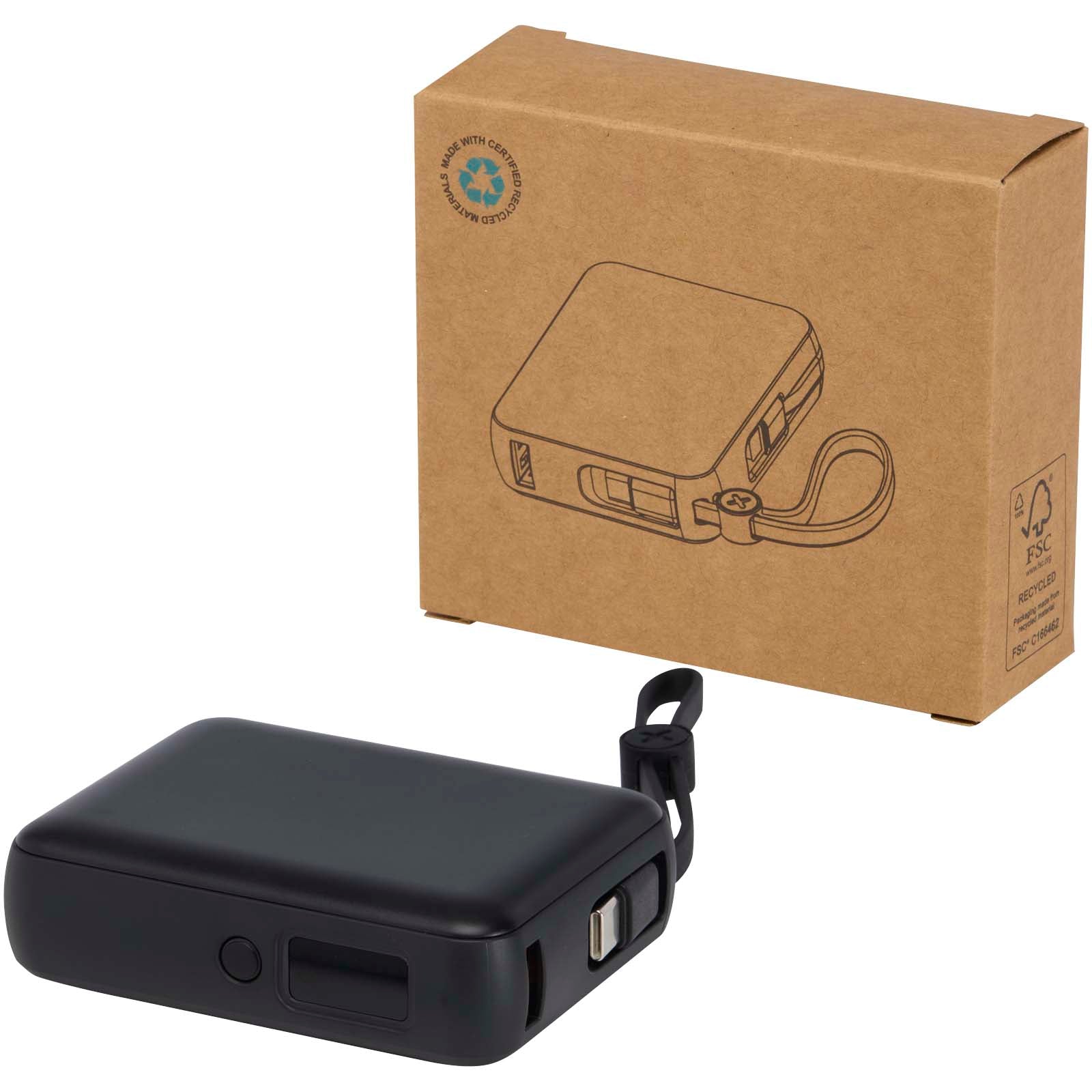 Acrux 35 W 10.000 mAh Tablet Powerbank mit integriertem Typ-C-Kabel aus recyceltem Kunststoff – Schwarz