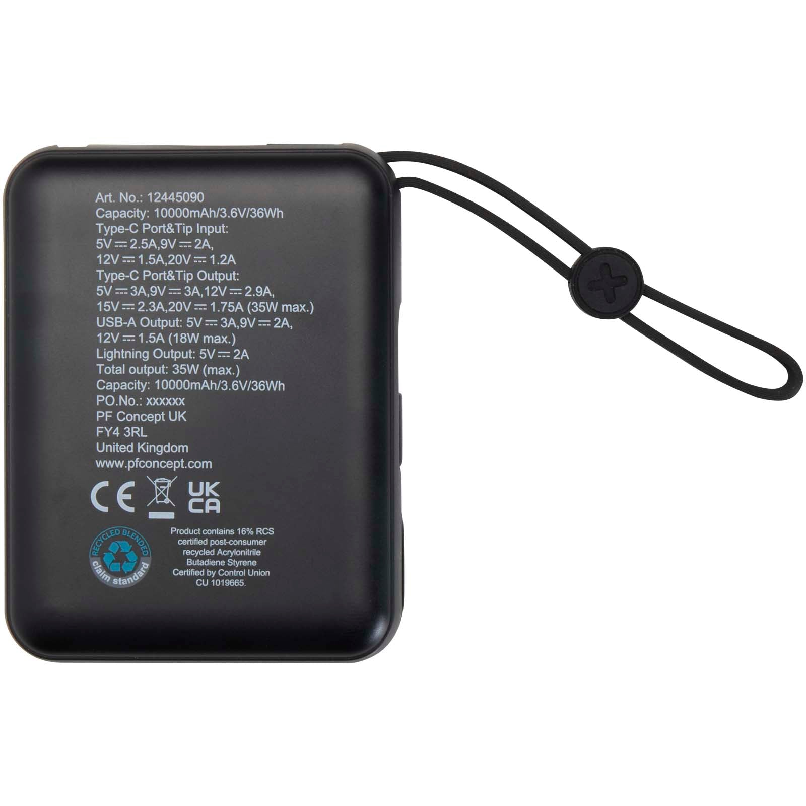 Acrux 35 W 10.000 mAh Tablet Powerbank mit integriertem Typ-C-Kabel aus recyceltem Kunststoff