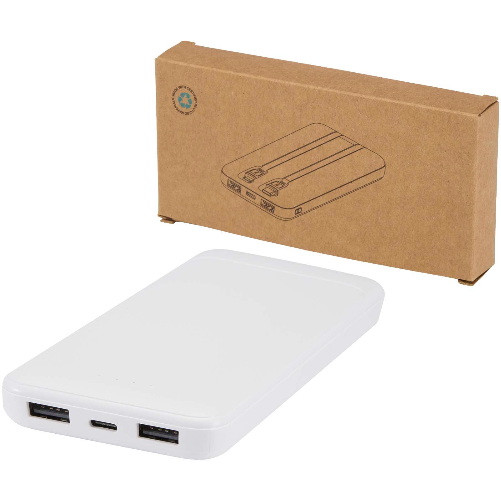 Adhil 10 W 10.000 mAh Powerbank aus recyceltem Kunststoff mit 2 integrierten Kabeln – Weiss