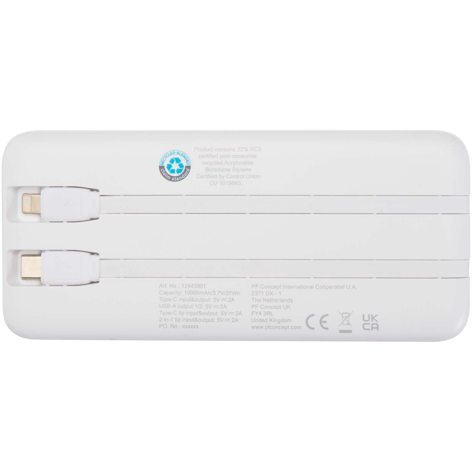 Adhil 10 W 10.000 mAh Powerbank aus recyceltem Kunststoff mit 2 integrierten Kabeln