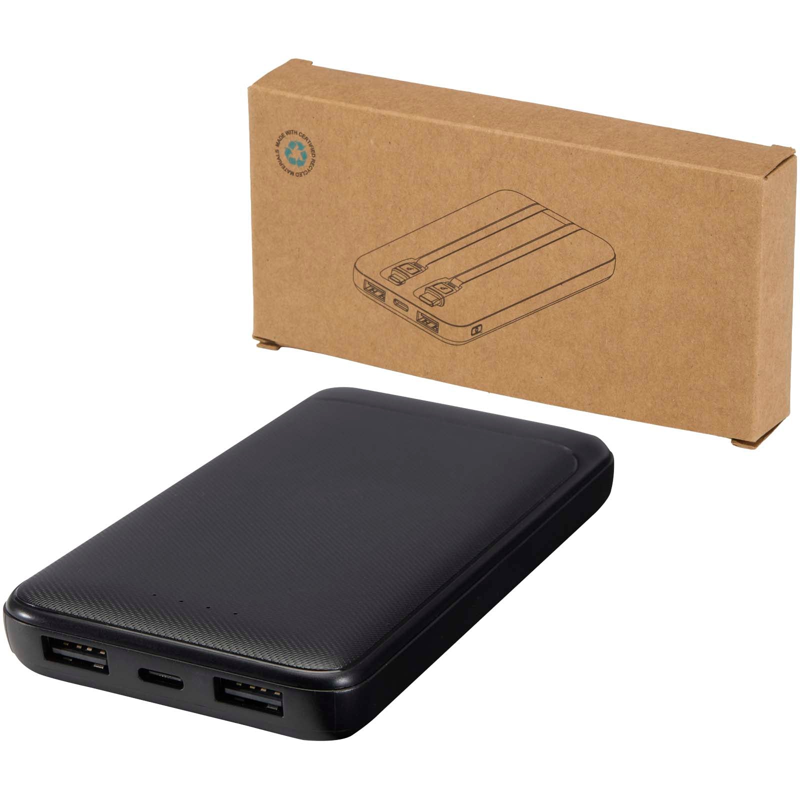 Adhil 10 W 10.000 mAh Powerbank aus recyceltem Kunststoff mit 2 integrierten Kabeln – Schwarz