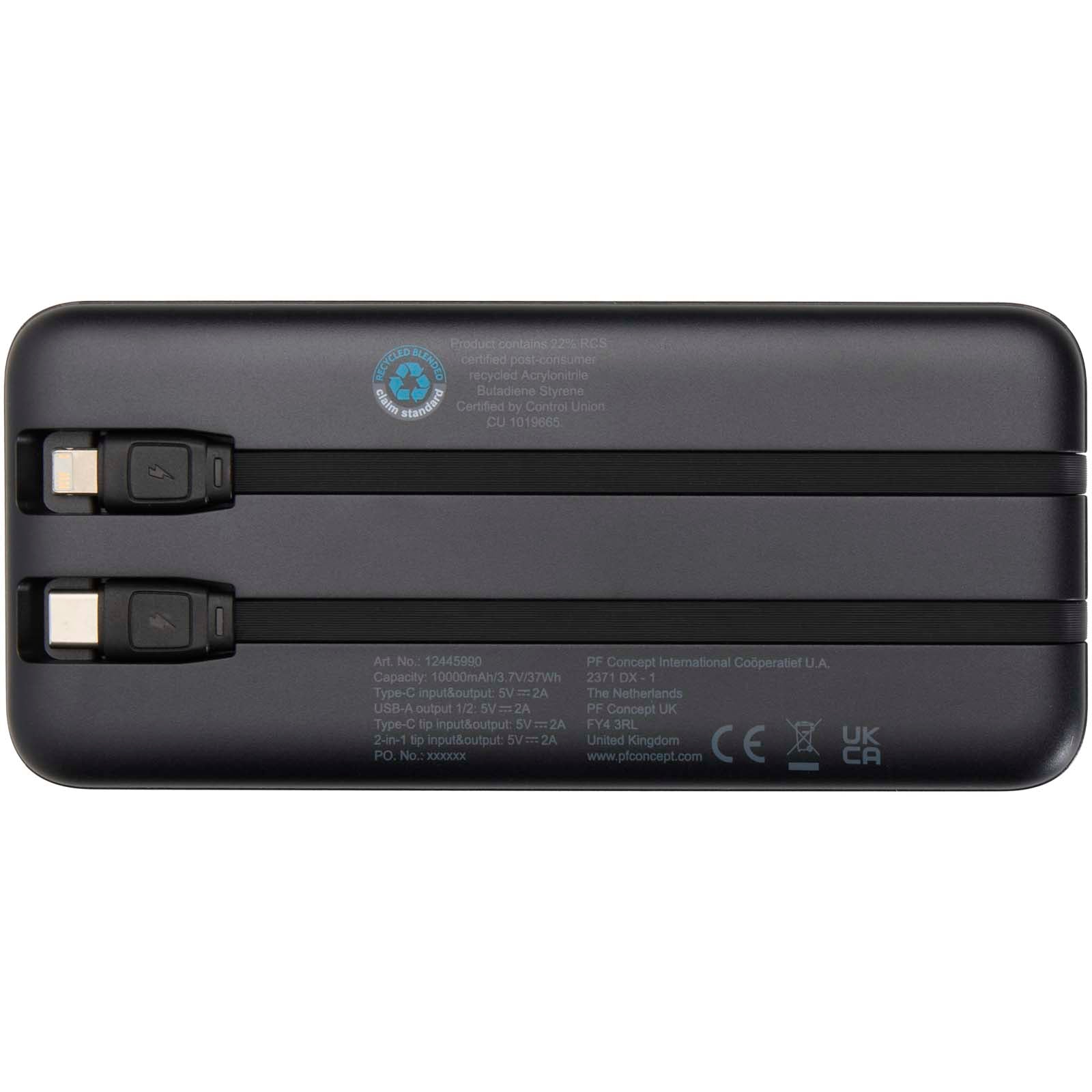 Adhil 10 W 10.000 mAh Powerbank aus recyceltem Kunststoff mit 2 integrierten Kabeln