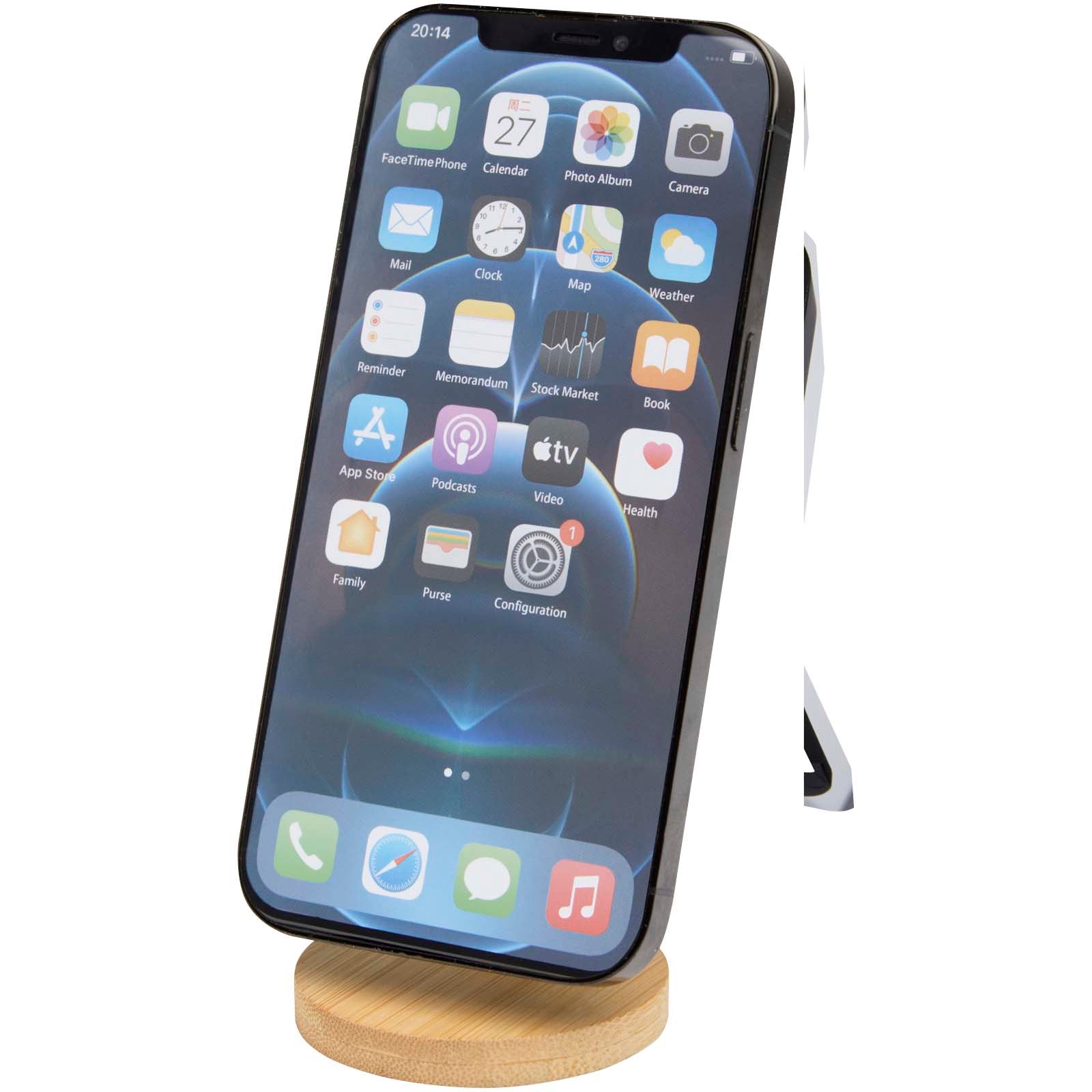 Alcor Klappbare magnetische Smartphonehalterung aus recyceltem Kunststoff mit Bambusdetails – Weiss