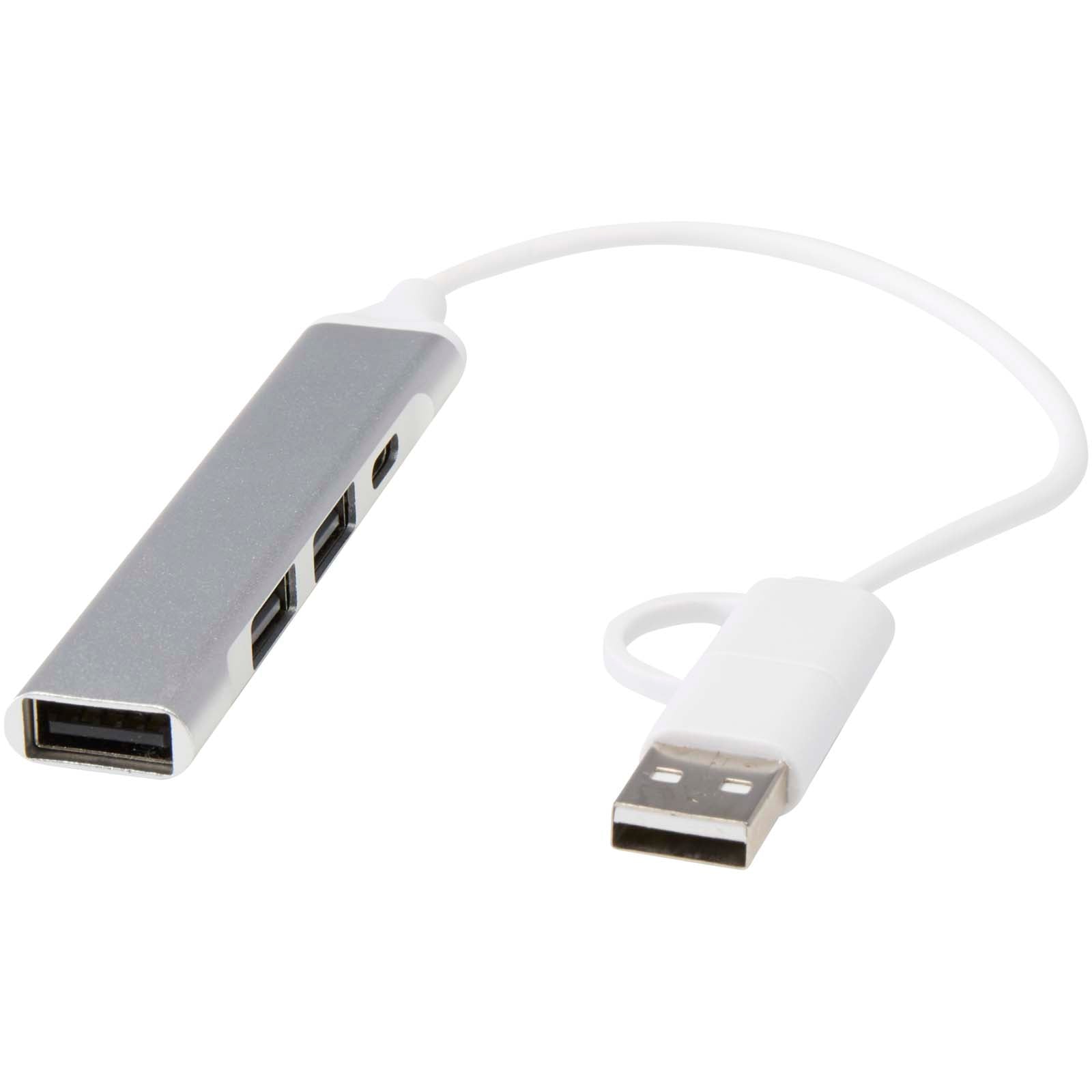 Alkaid 4 Port Hub aus recyceltem Aluminium mit USB-A- und Typ-C-Anschlüssen und zwei Eingängen – Silber