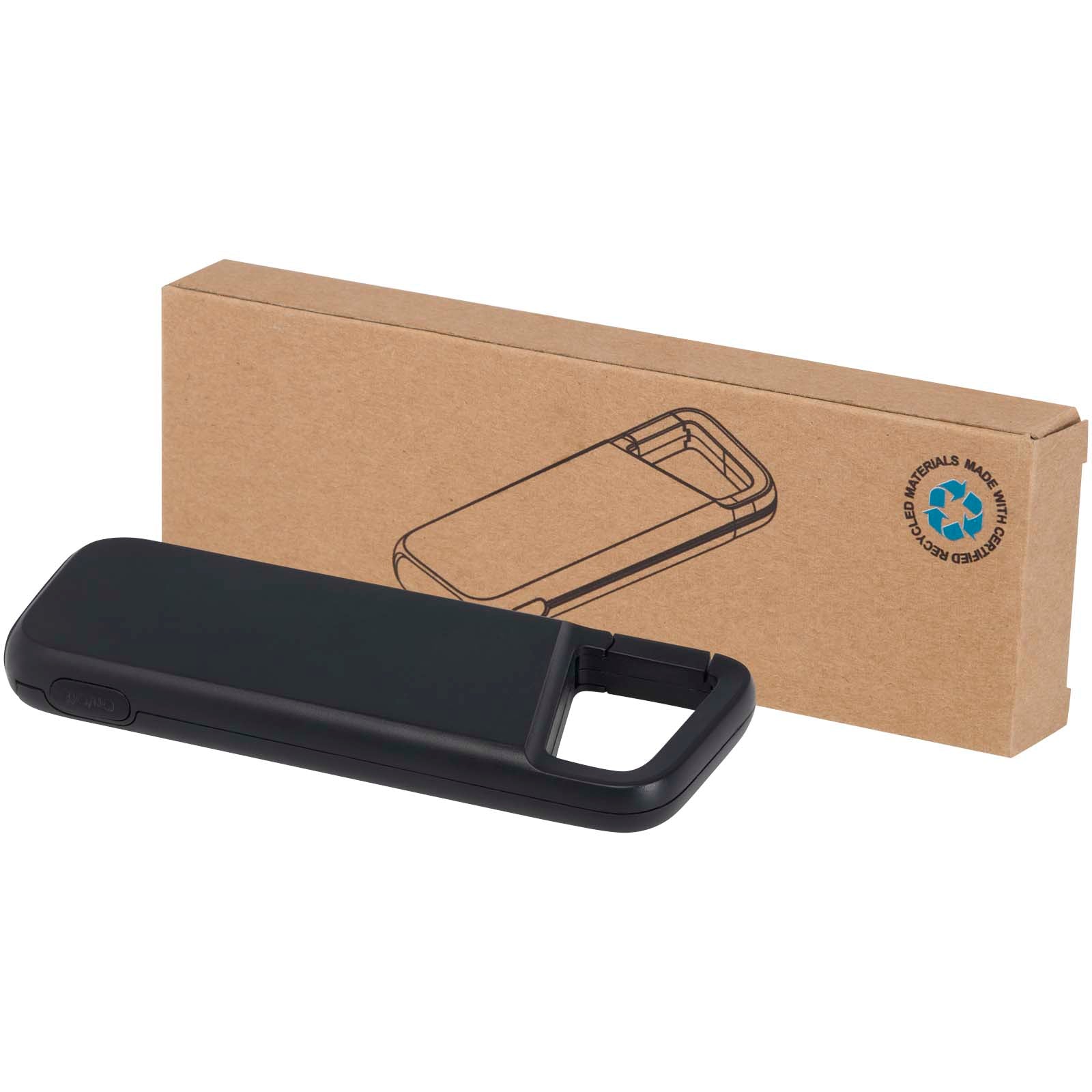 Alkes 12 W 5.000 mAh wasserfeste Powerbank aus recyceltem Kunststoff mit Karabinerhaken – Schwarz