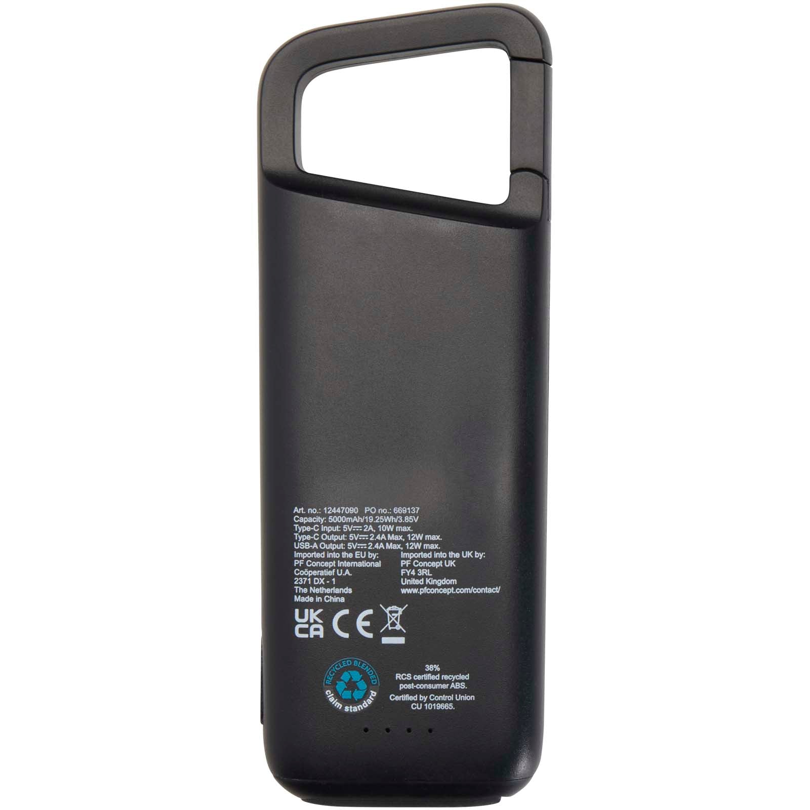 Alkes 12 W 5.000 mAh wasserfeste Powerbank aus recyceltem Kunststoff mit Karabinerhaken