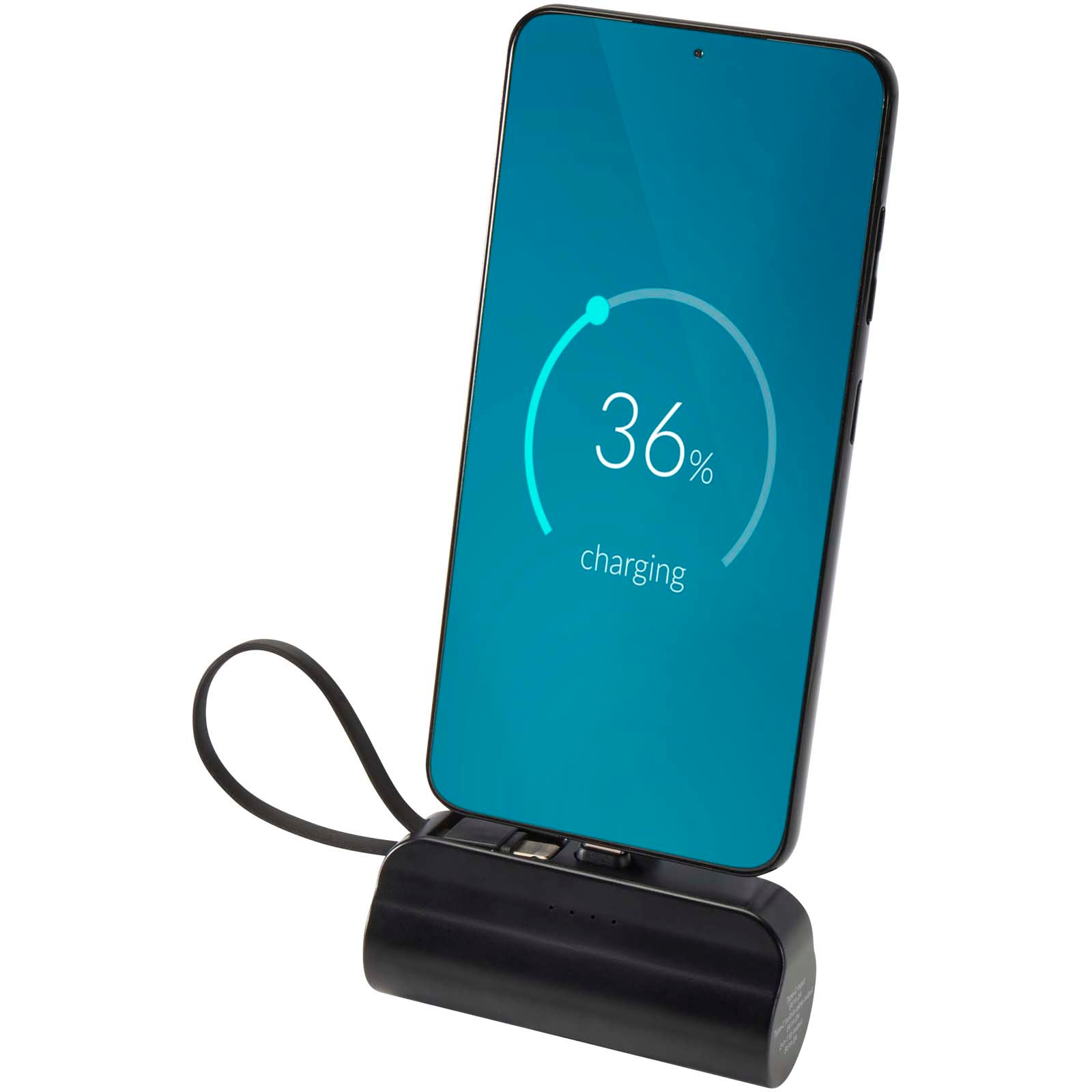 Alnair 10 W 5000 mAh Typ C Powerbank aus recyceltem Kunststoff mit integriertem Klappständer und 2 in 1 Kabel – Schwarz