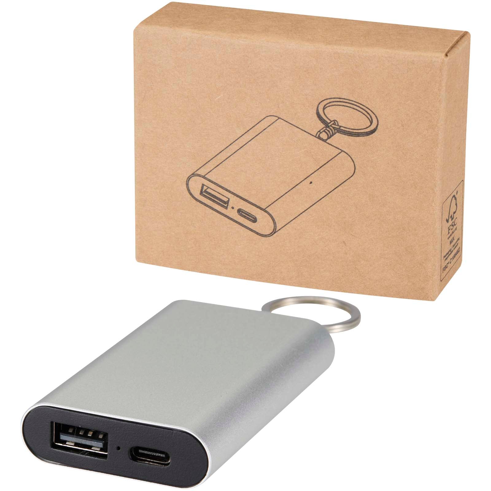 Arcturus 2000 mAh Powerbank aus recyceltem Aluminium mit Schlüsselanhänger – Silber