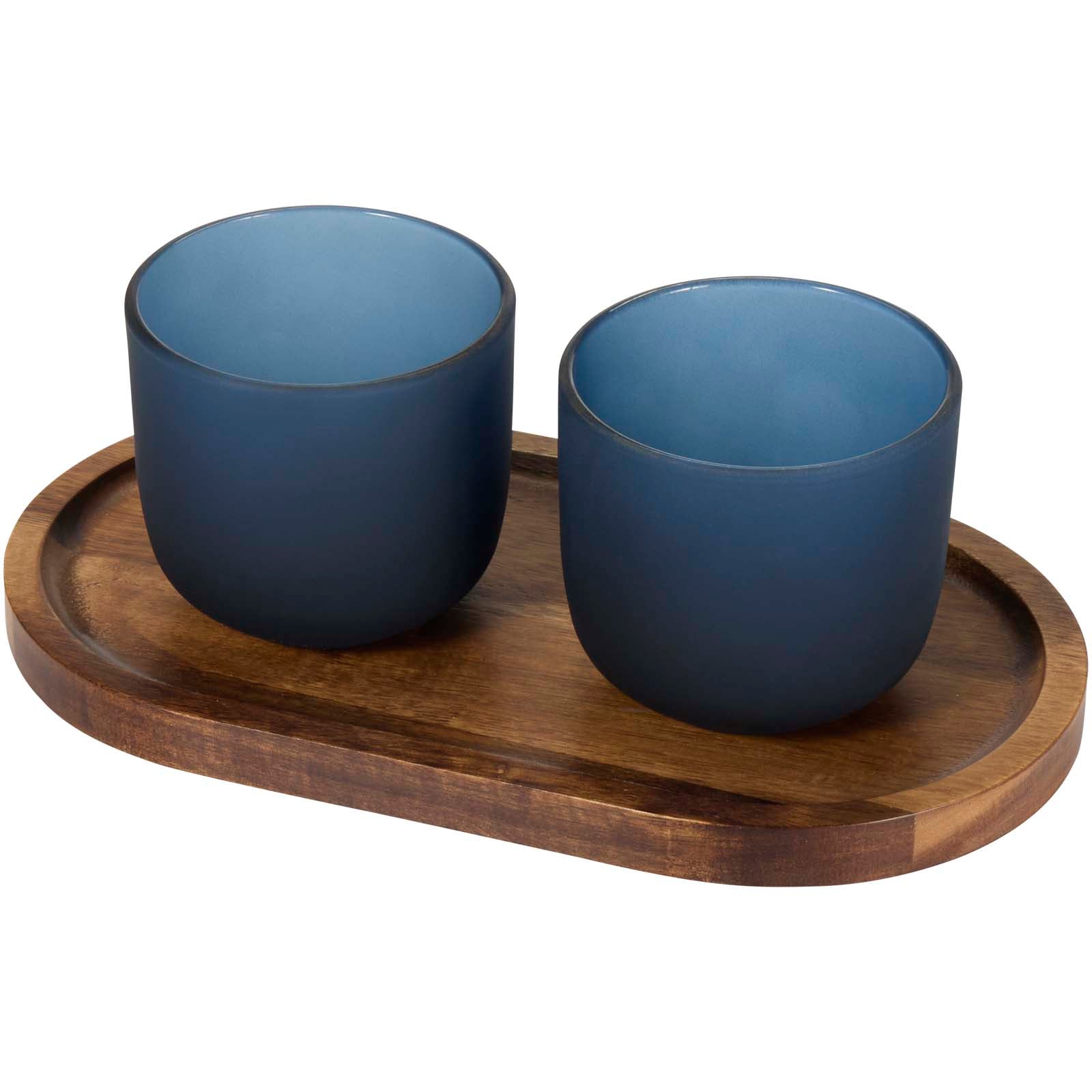 Male Set aus Holztablett und Glastassen, matt – Hale Blau