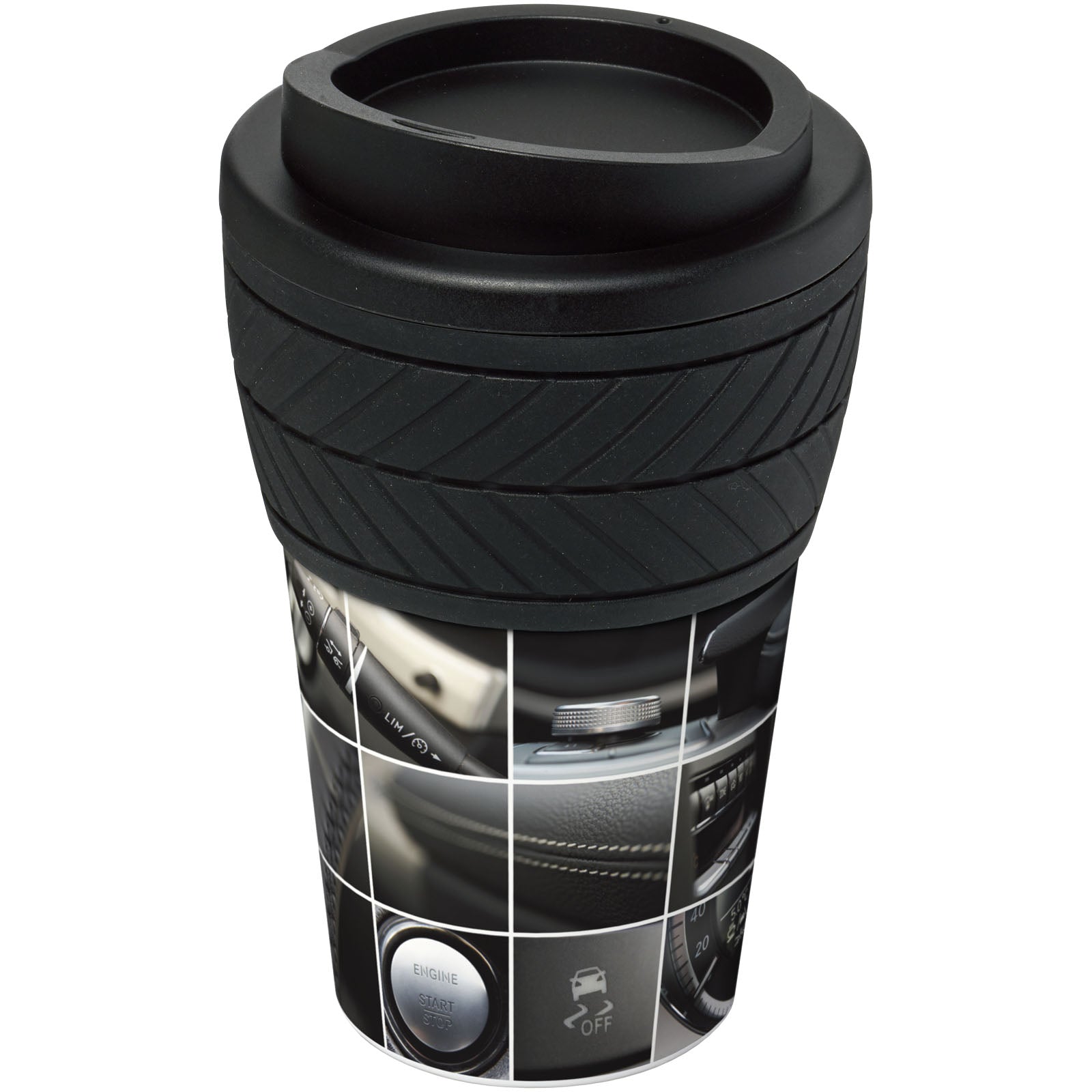 Brite-Americano® 350 ml Isolierbecher mit Schutzring Reifen-Design – Schwarz
