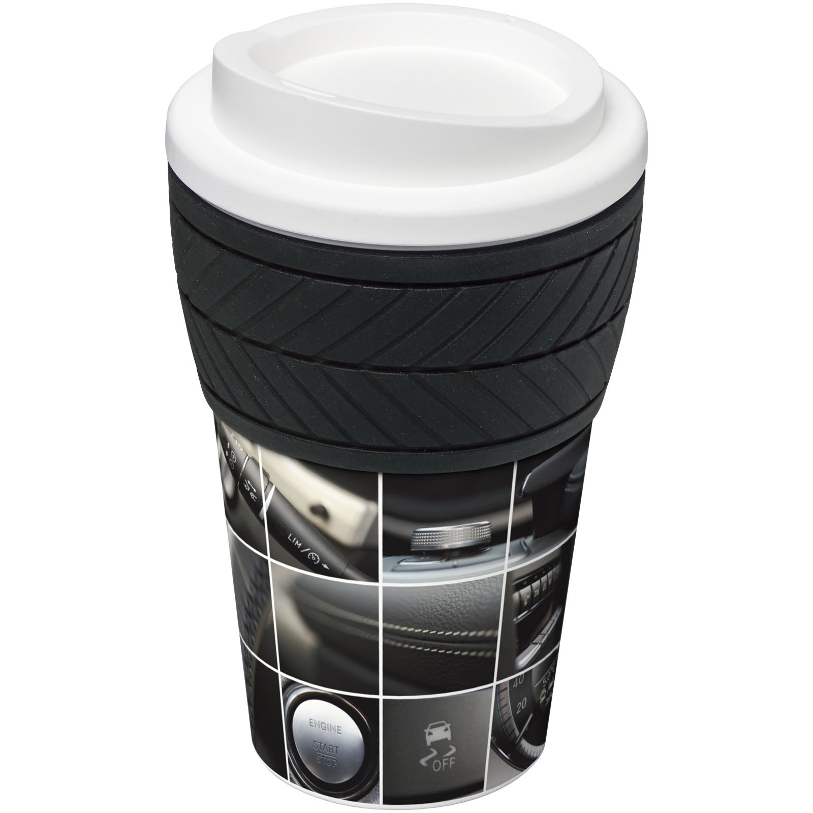Brite-Americano® 350 ml Isolierbecher mit Schutzring Reifen-Design – Weiss