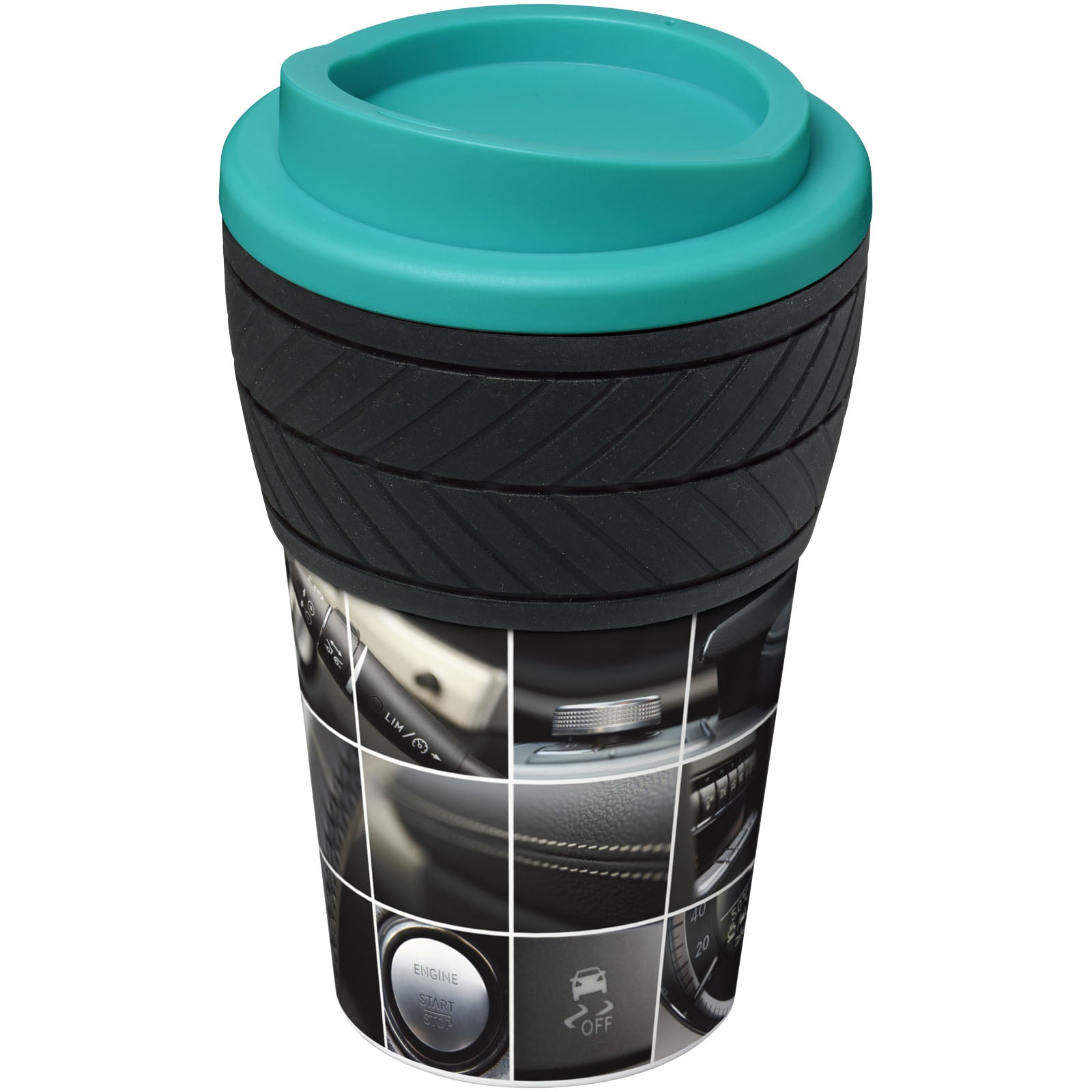 Brite-Americano® 350 ml Isolierbecher mit Schutzring Reifen-Design – Aquablau