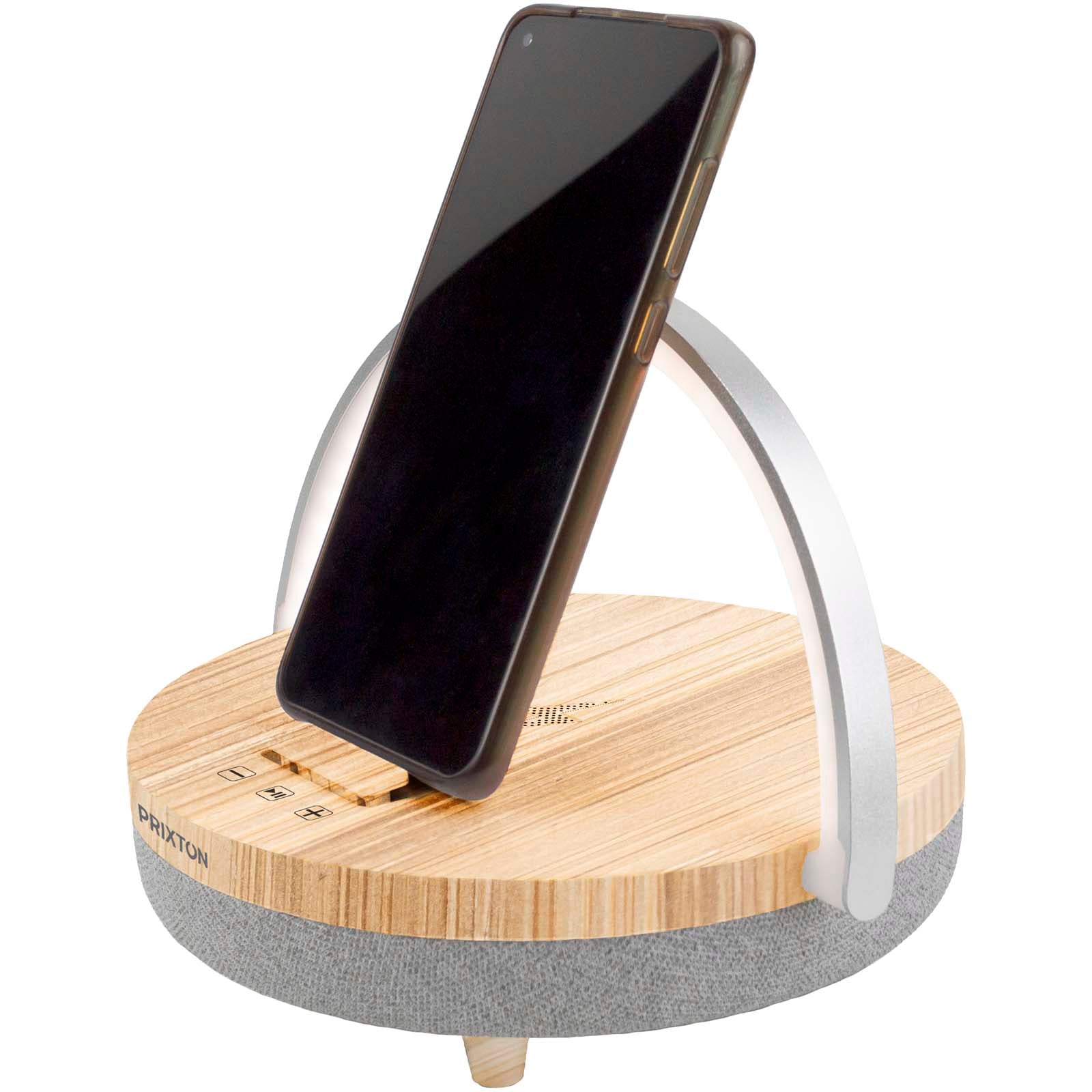 Prixton 10W 4-in-1 Bluetooth®-Lautsprecher mit LED-Licht und kabelloser Ladestation – Holz