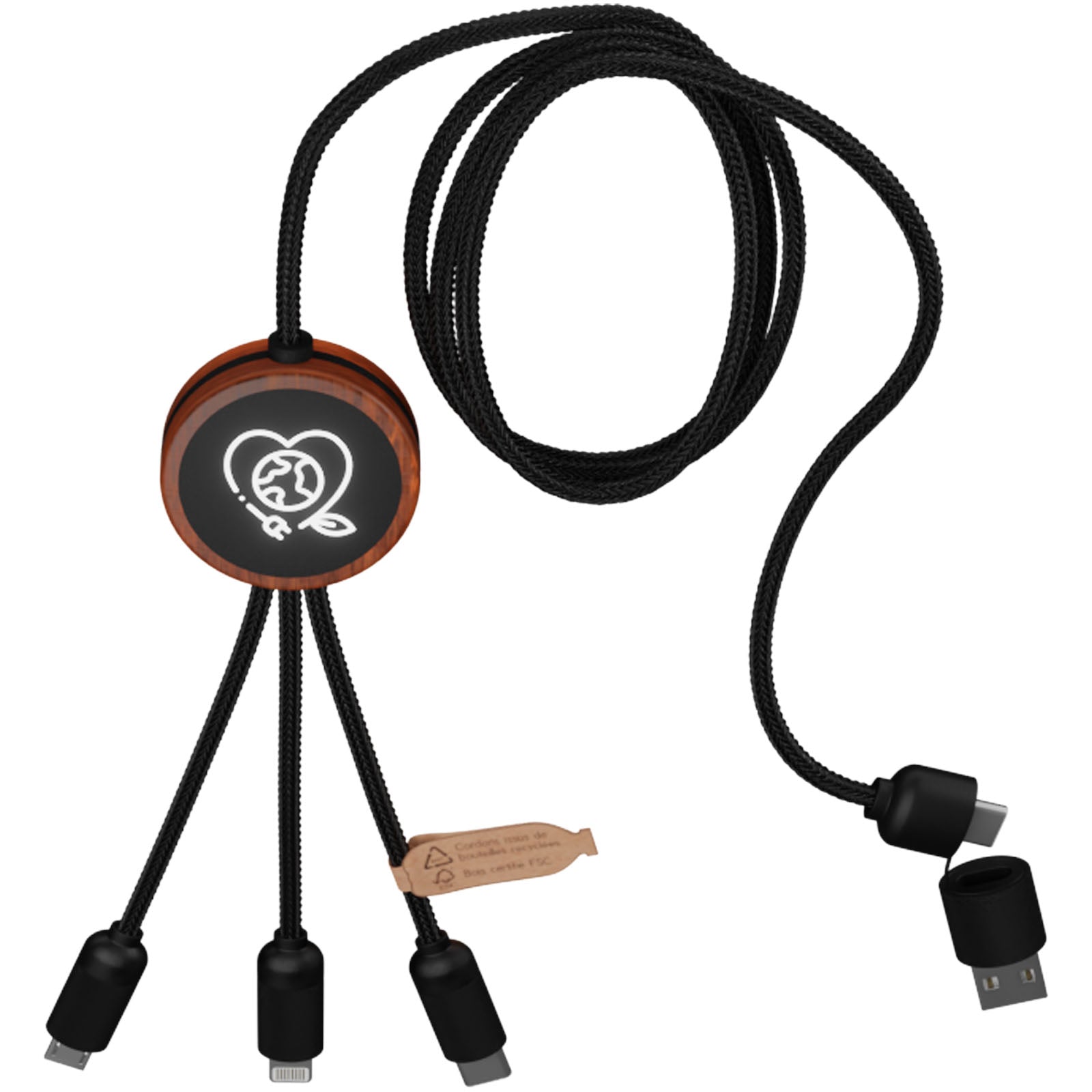 SCX.design C37 40W 5-in-1 rPET Ladekabel in rundem Bambusgehäuse mit Leuchtlogo