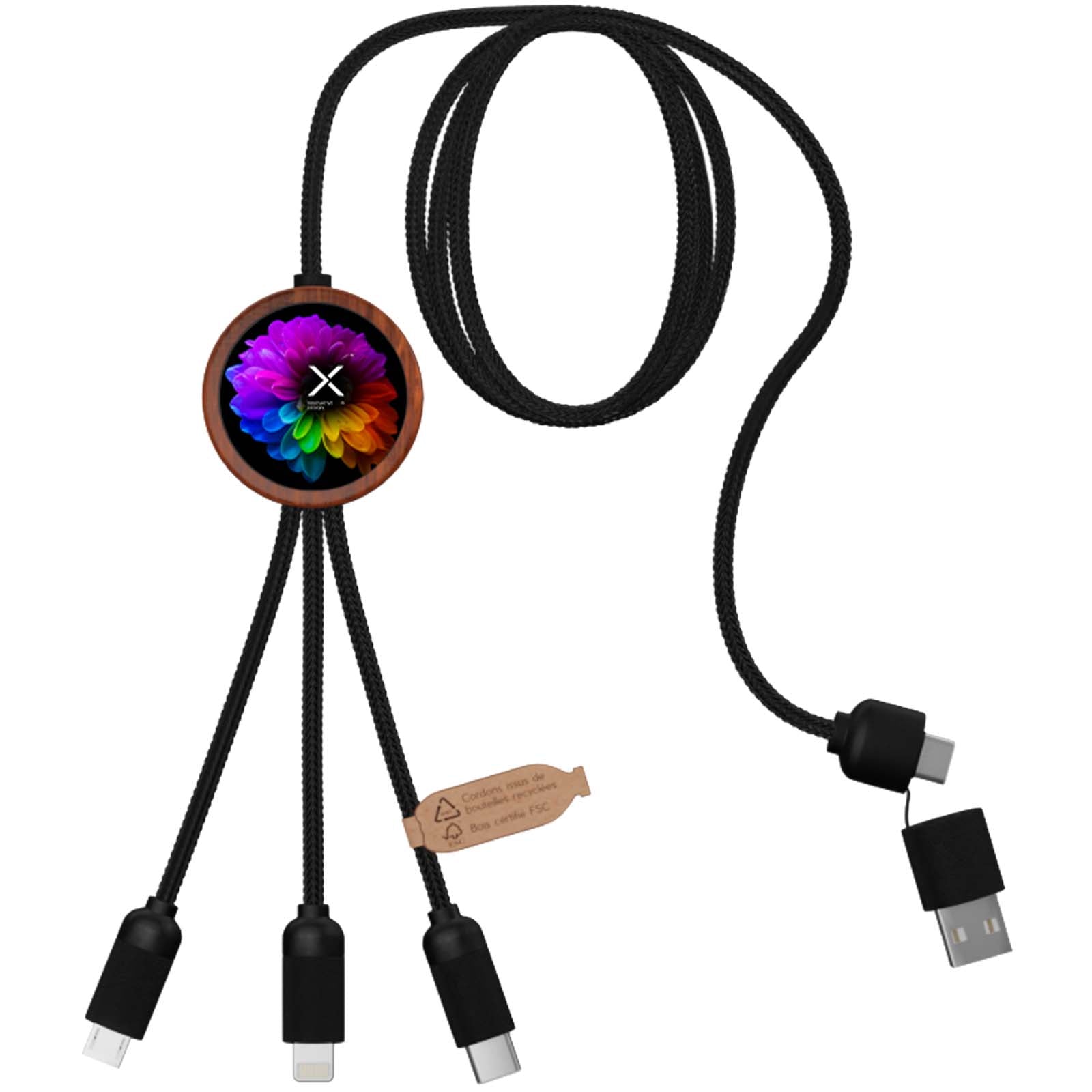 SCX.design C37 40W 5-in-1 rPET Ladekabel in rundem Bambusgehäuse mit Leuchtlogo