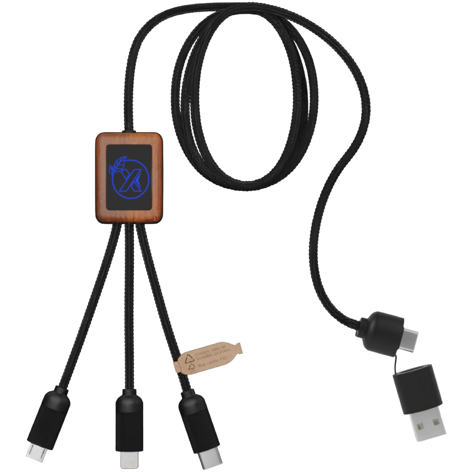 SCX.design C38 40W 5-in-1 Ladekabel aus rPET in quadratischem Bambusgehäuse mit Leuchtlogo – Blau und Holz
