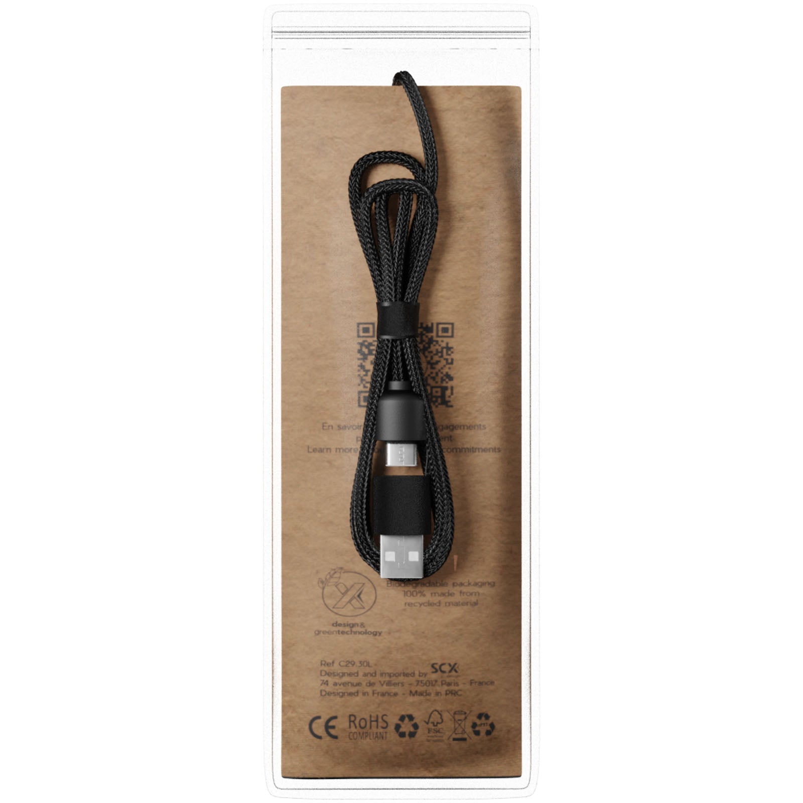 SCX.design C38 40W 5-in-1 Ladekabel aus rPET in quadratischem Bambusgehäuse mit Leuchtlogo