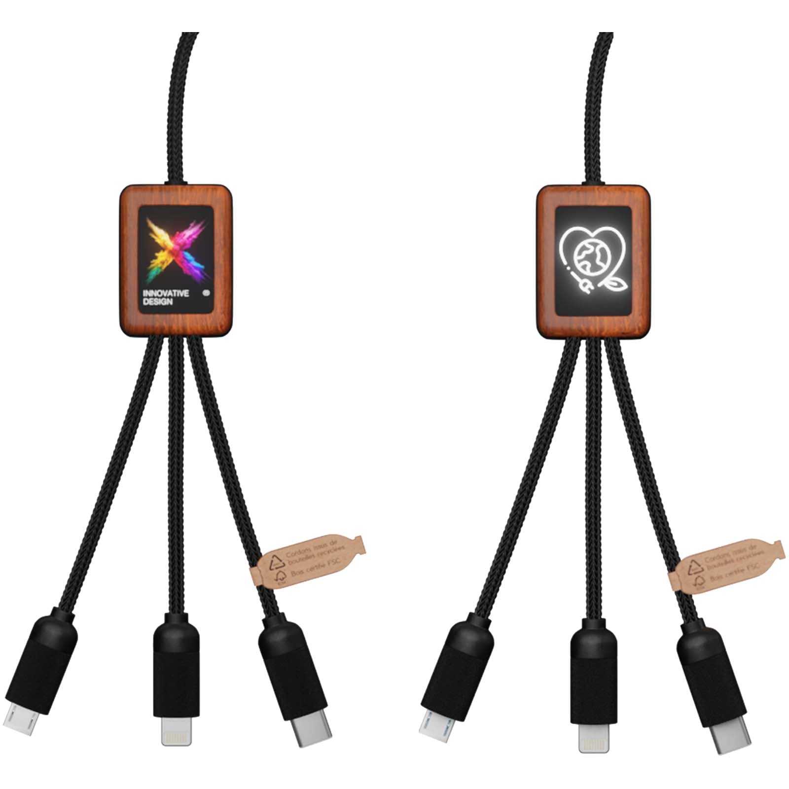 SCX.design C38 40W 5-in-1 Ladekabel aus rPET in quadratischem Bambusgehäuse mit Leuchtlogo – Schwarz und Holz