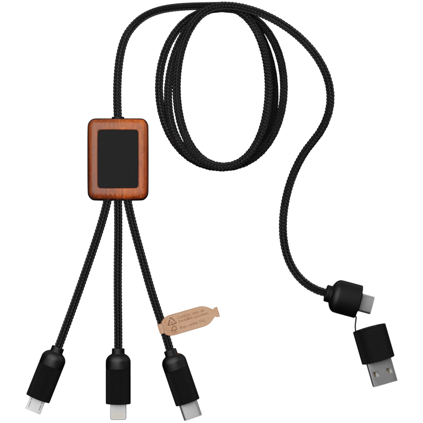 SCX.design C38 40W 5-in-1 Ladekabel aus rPET in quadratischem Bambusgehäuse mit Leuchtlogo