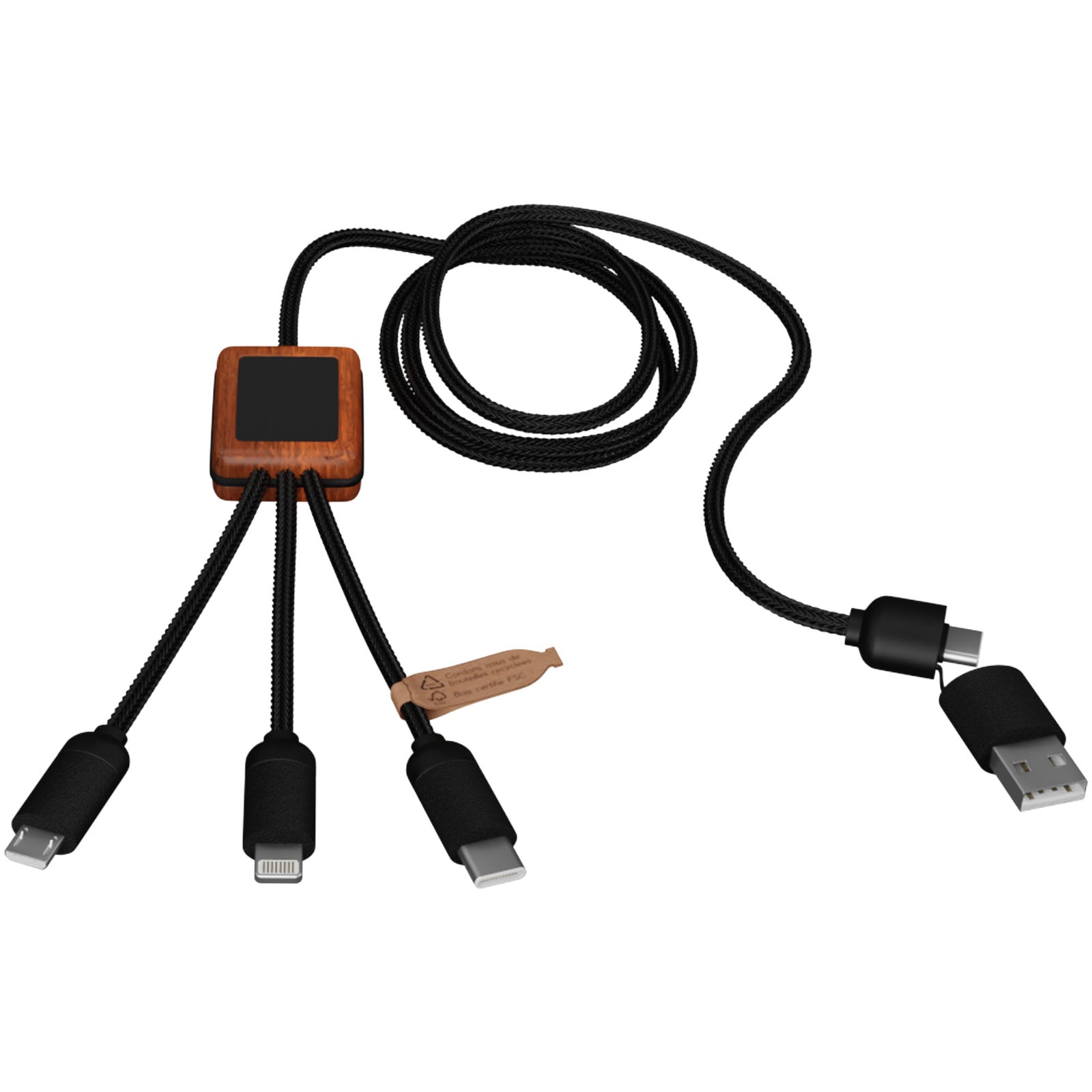 SCX.design C38 40W 5-in-1 Ladekabel aus rPET in quadratischem Bambusgehäuse mit Leuchtlogo