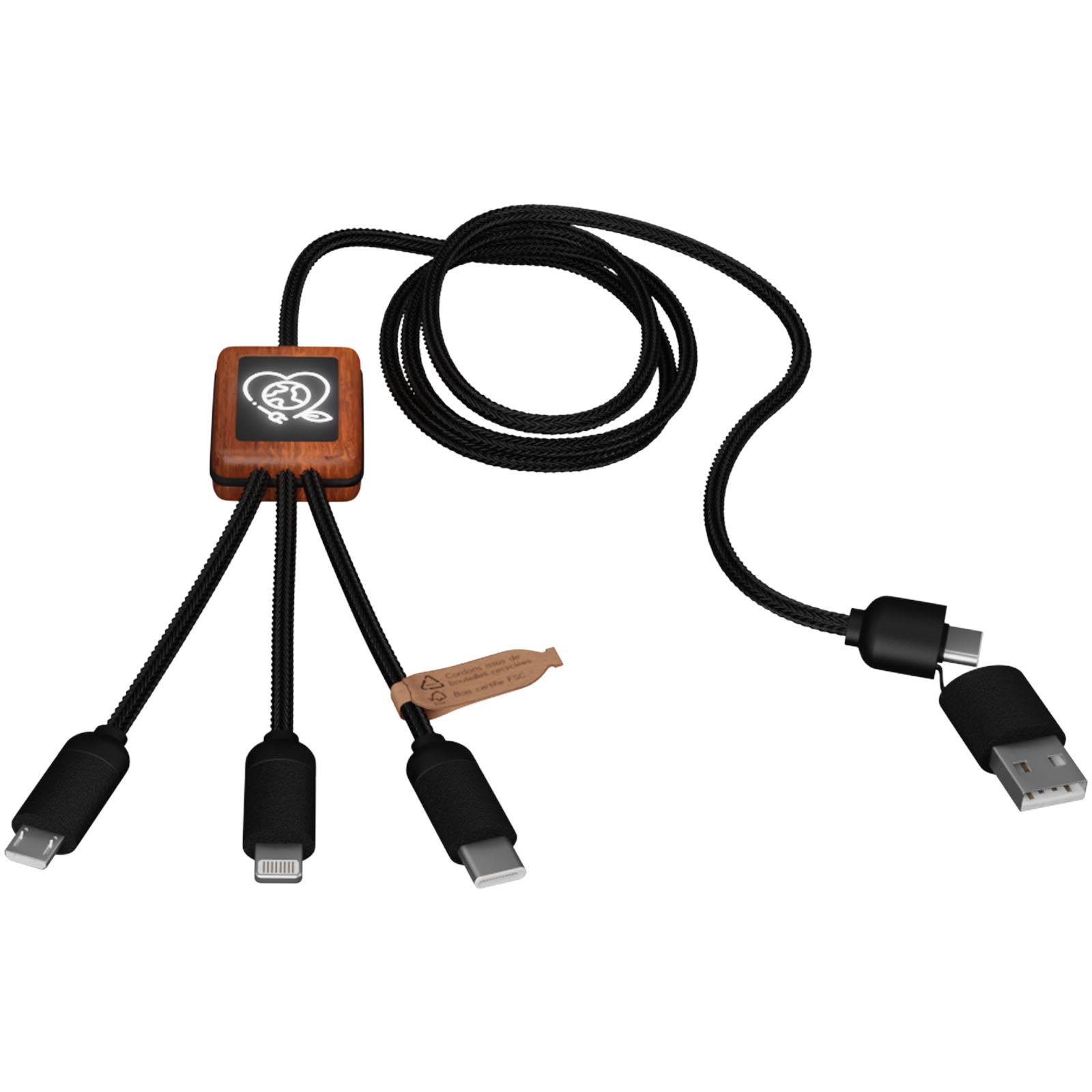 SCX.design C38 40W 5-in-1 Ladekabel aus rPET in quadratischem Bambusgehäuse mit Leuchtlogo