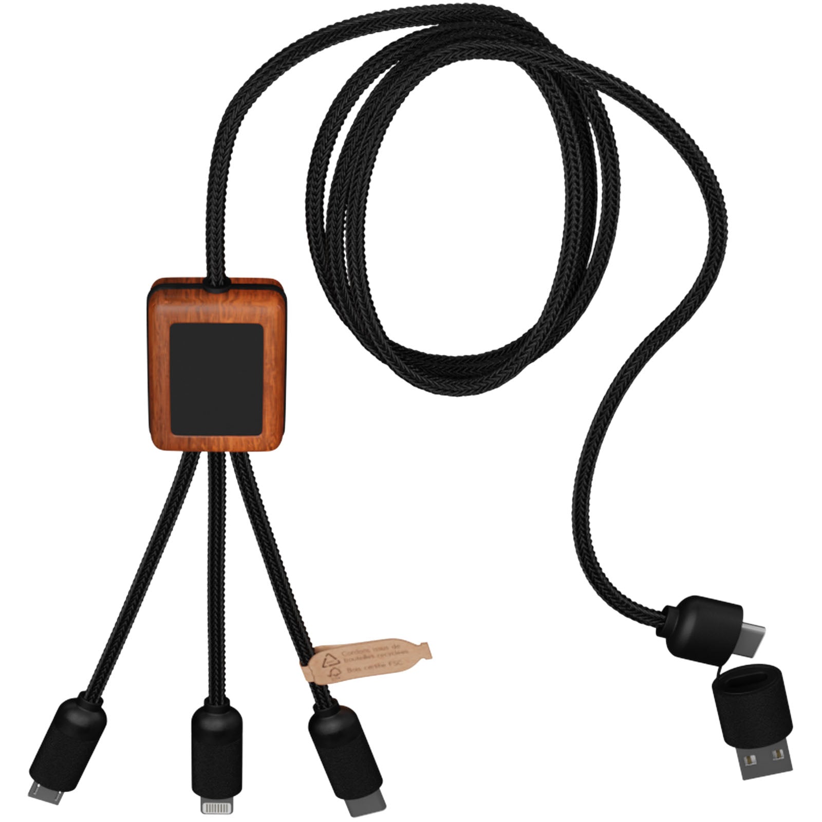 SCX.design C38 40W 5-in-1 Ladekabel aus rPET in quadratischem Bambusgehäuse mit Leuchtlogo
