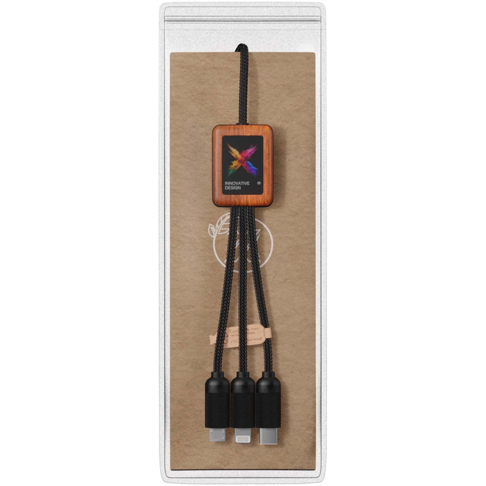 SCX.design C38 40W 5-in-1 Ladekabel aus rPET in quadratischem Bambusgehäuse mit Leuchtlogo