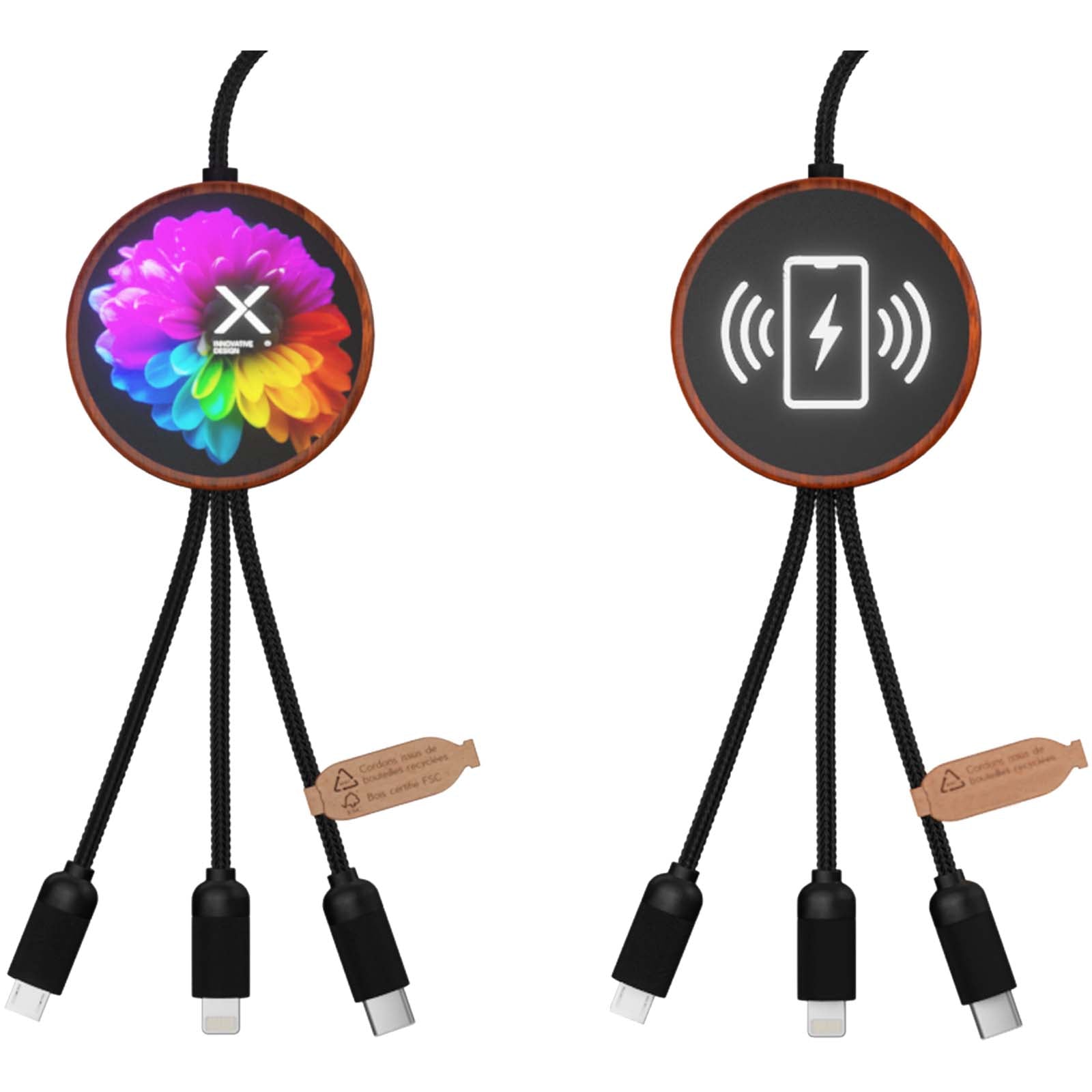 SCX.design C40 5-in-1 Ladekabel aus rPET mit 10W Ladepad und Leuchtlogo – Holz