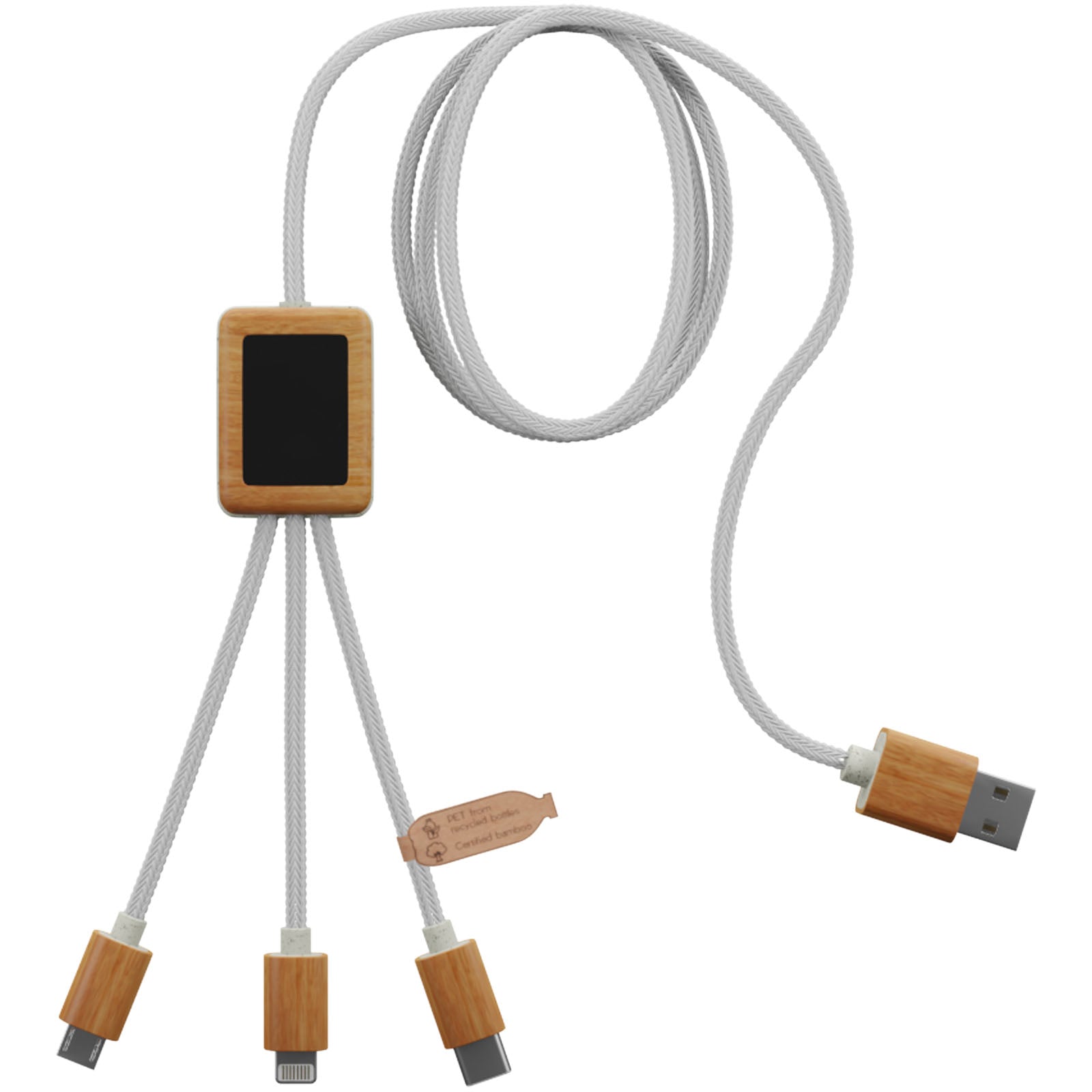 SCX.design C39 3-in-1-Ladekabel aus rPET mit Leuchtlogo und Bambusgehäuse – Weiss