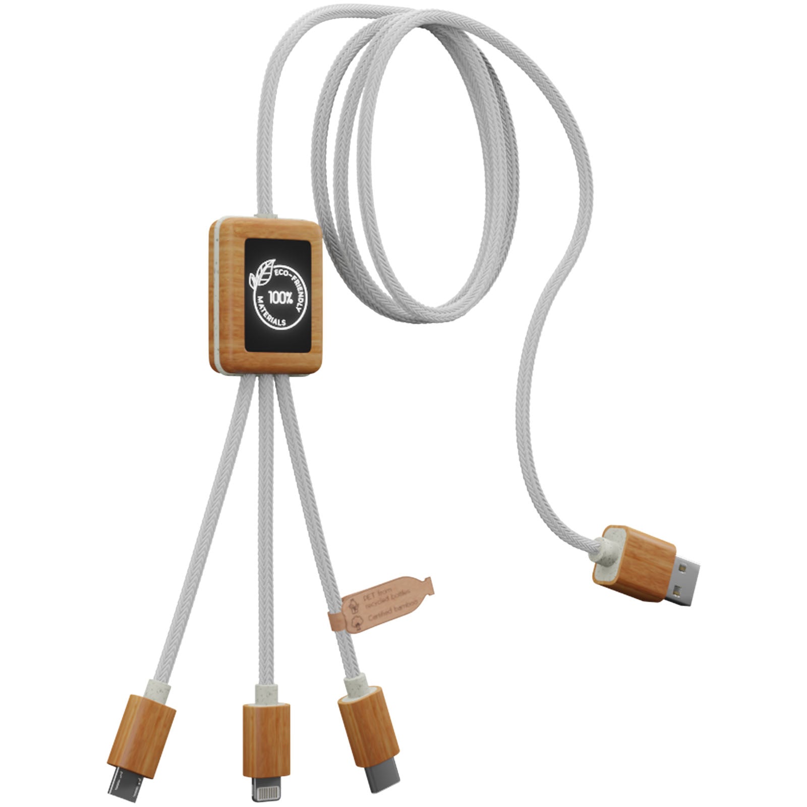 SCX.design C39 3-in-1-Ladekabel aus rPET mit Leuchtlogo und Bambusgehäuse