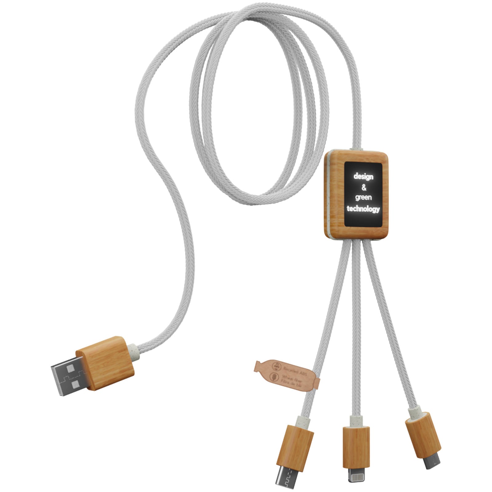 SCX.design C39 3-in-1-Ladekabel aus rPET mit Leuchtlogo und Bambusgehäuse