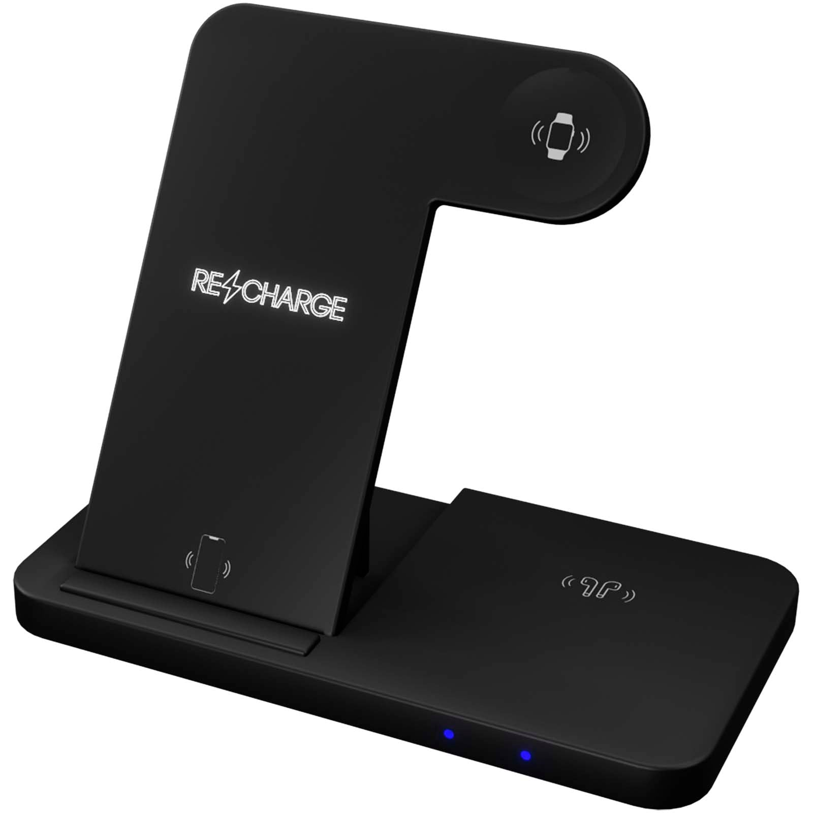 SCX.design W28 kabellose 3-in-1 Ladestation kabellos mit Telefonständer und Leuchtlogo – Schwarz
