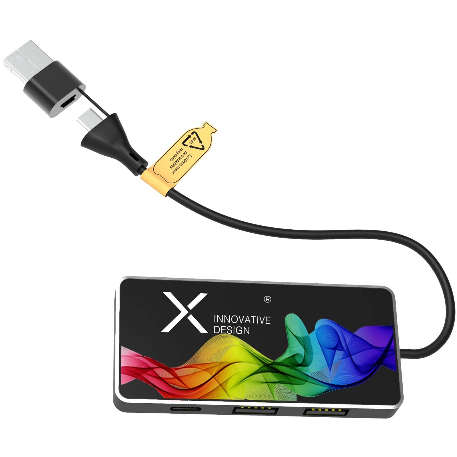 SCX.design H20 8-in-1 USB-Hub mit dualem Eingang und 6 Ports und Leuchtlogo – Schwarz