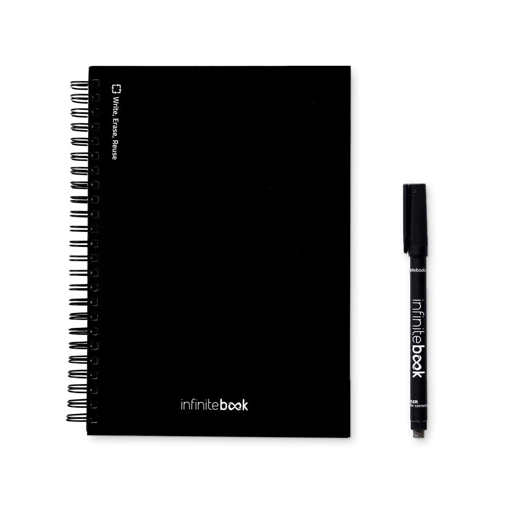 STARTER KIT INFINITEBOOK A5. Kit bestehend aus einem "Infinitebook", Reinigungsset, Marker und Markerhalter – zusätzliche Ansicht