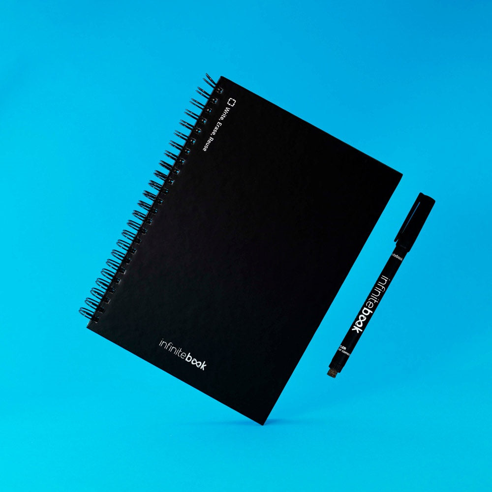 STARTER KIT INFINITEBOOK A5. Kit bestehend aus einem "Infinitebook", Reinigungsset, Marker und Markerhalter – zusätzliche Ansicht