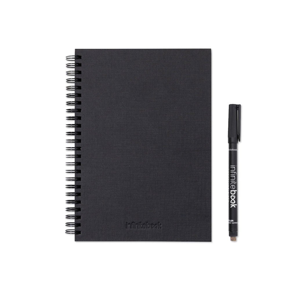 STARTER KIT INFINITEBOOK A5 PLANNER TEXTURE. Set bestehend aus einem Infinitebook mit Hardcover, einem Reinigungsset, einem Marker und einem Halter für Kugelschreiber – zusätzliche Ansicht