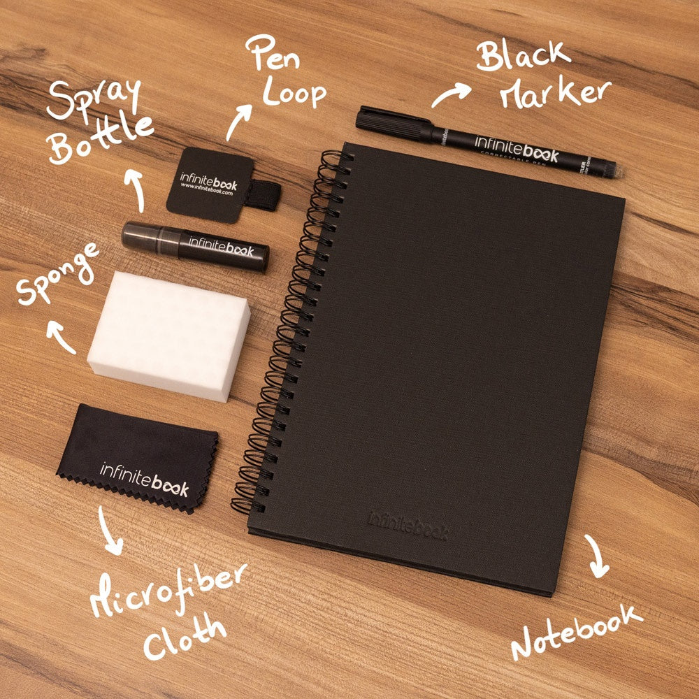 STARTER KIT INFINITEBOOK A5 PLANNER TEXTURE. Set bestehend aus einem Infinitebook mit Hardcover, einem Reinigungsset, einem Marker und einem Halter für Kugelschreiber – zusätzliche Ansicht