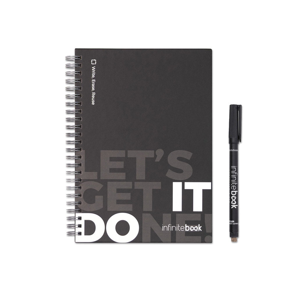STARTER KIT INFINITEBOOK. Set bestehend aus einem Infinitebook mit Hardcover, einem Reinigungsset, einem Marker und einem Kugelschreiberhalter – zusätzliche Ansicht