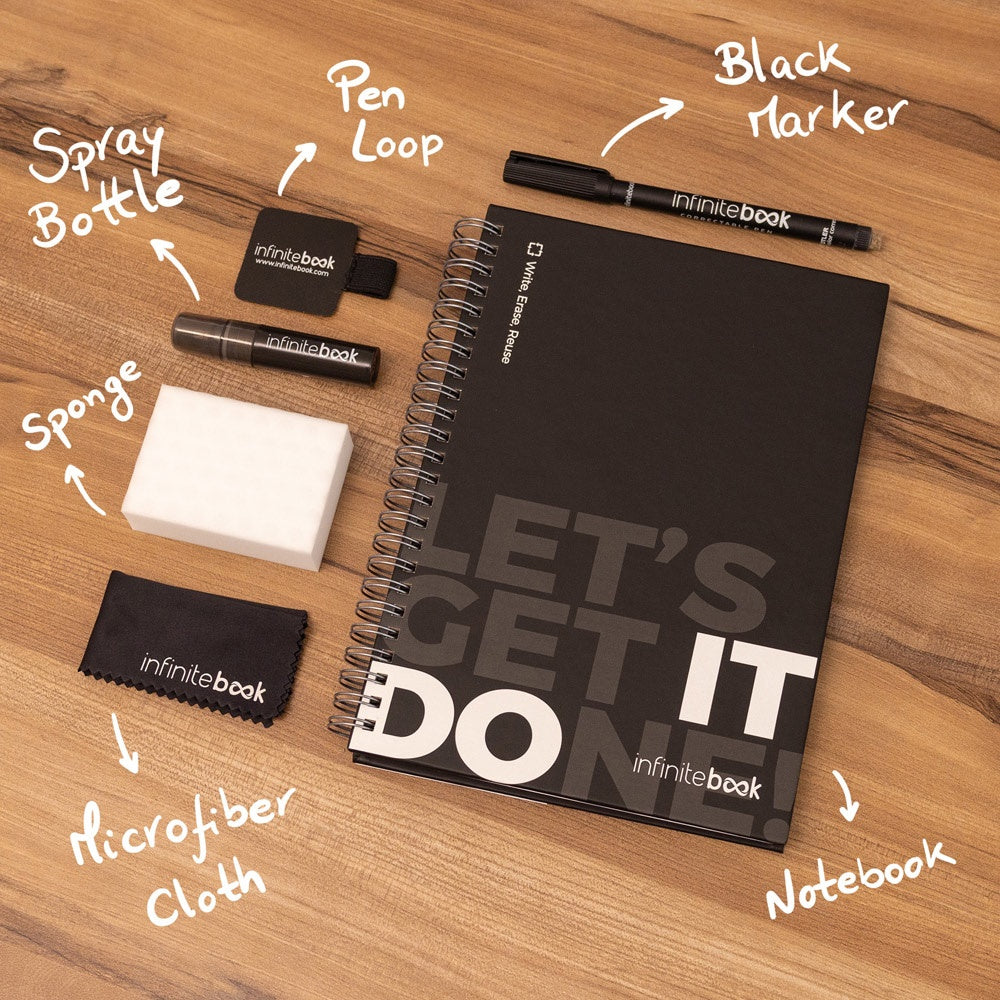 STARTER KIT INFINITEBOOK. Set bestehend aus einem Infinitebook mit Hardcover, einem Reinigungsset, einem Marker und einem Kugelschreiberhalter – zusätzliche Ansicht