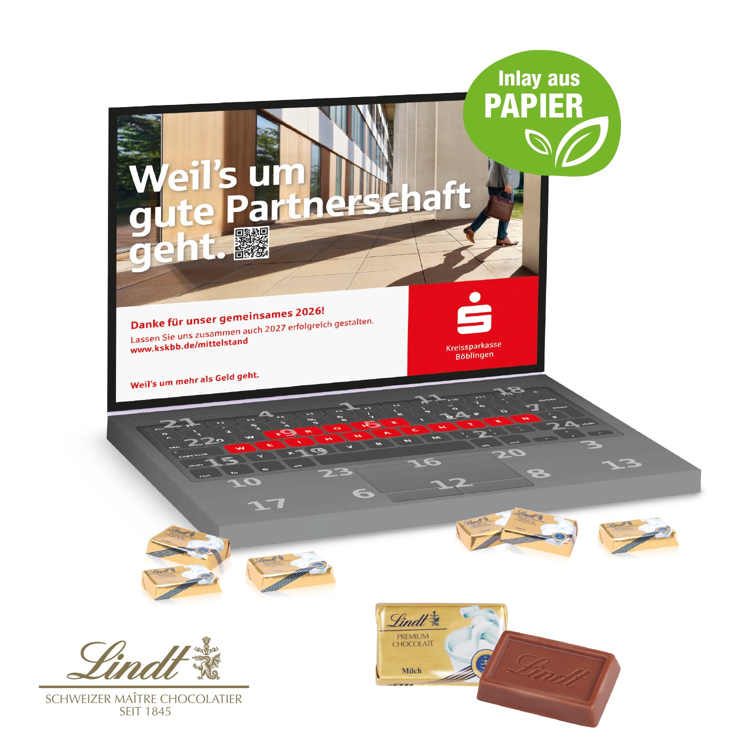 Adventskalender Laptop mit Lindt Schokolade – mit Papier-Inlay – Produktansicht