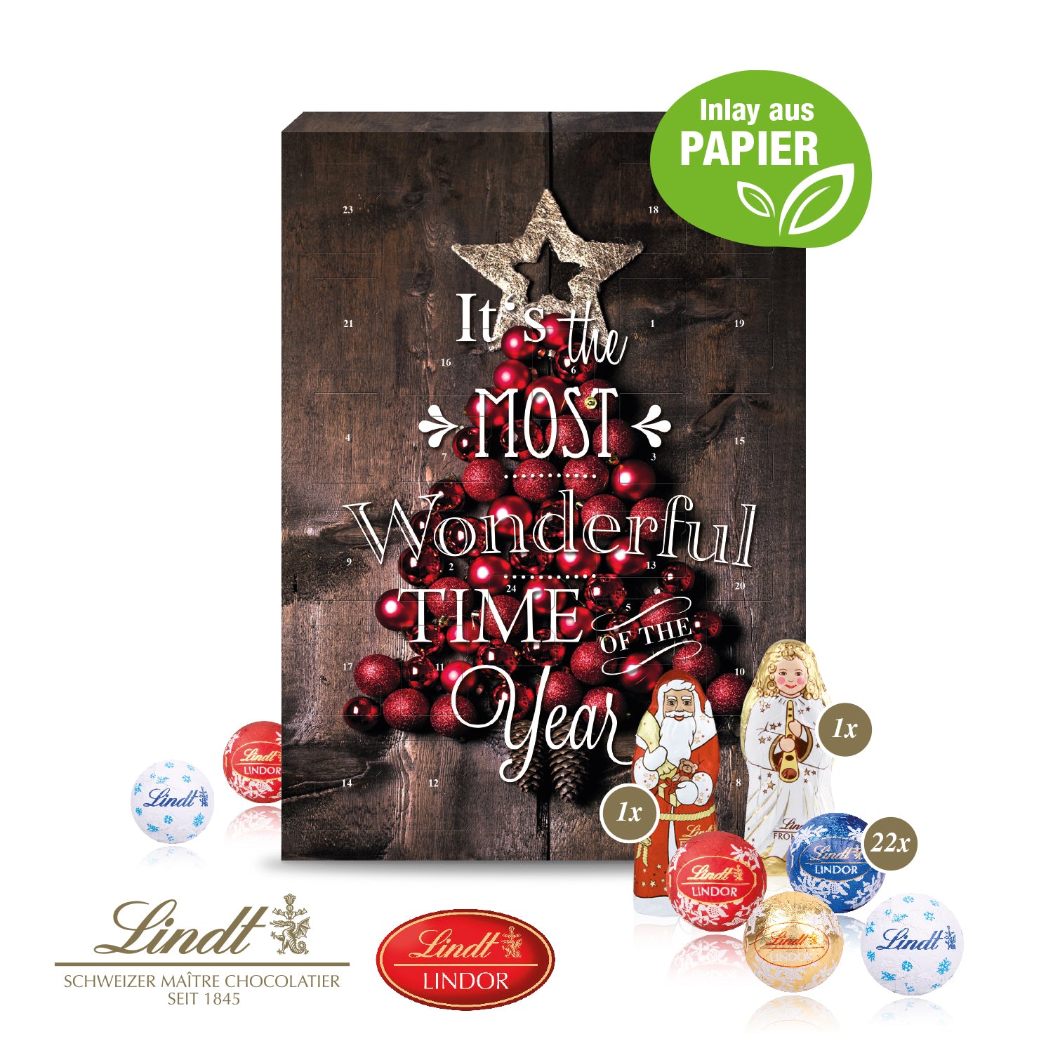 Adventskalender mit Lindt Mix und Gutschein-Option – mit Papier-Inlay – Produktansicht