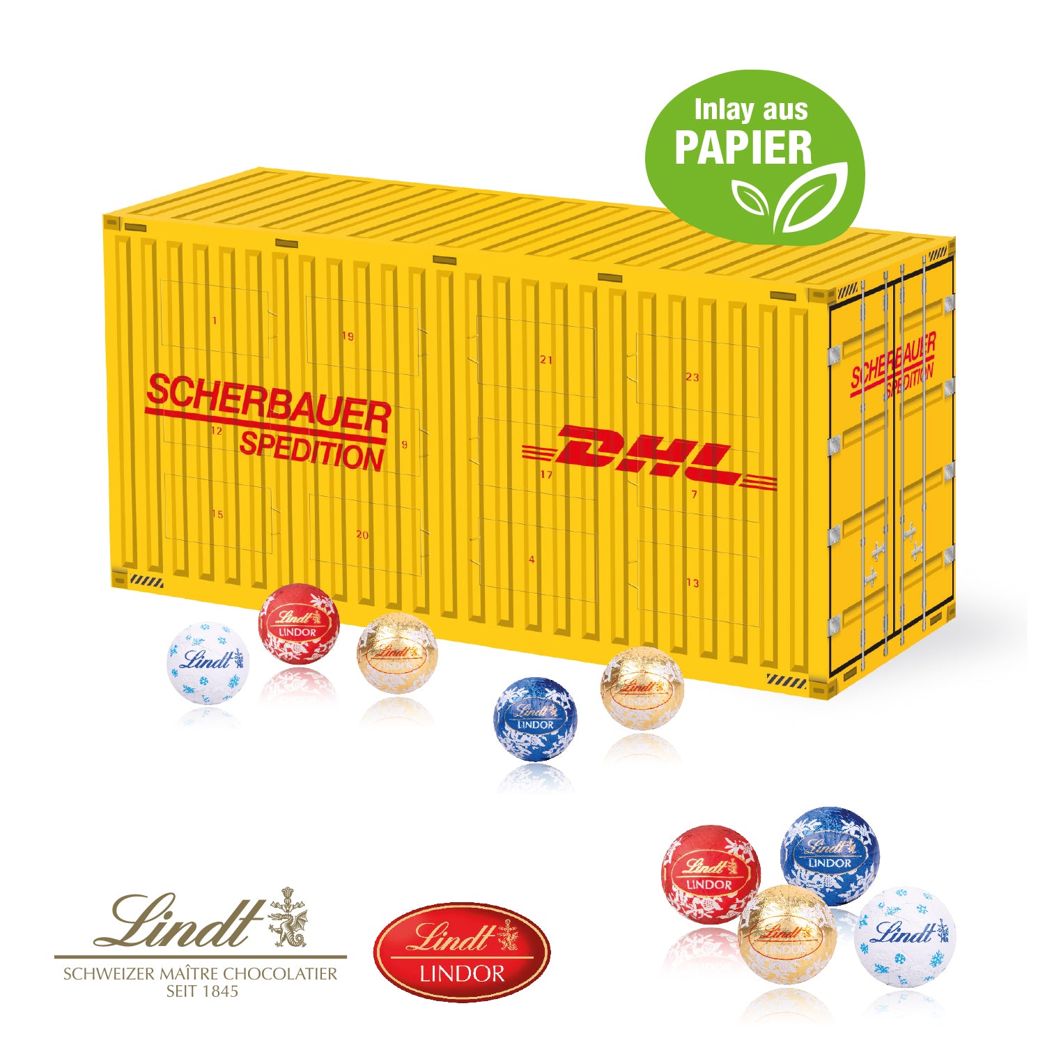 3D Adventskalender Container mit Lindt Schokolade mit Papier-Inlay – Produktansicht