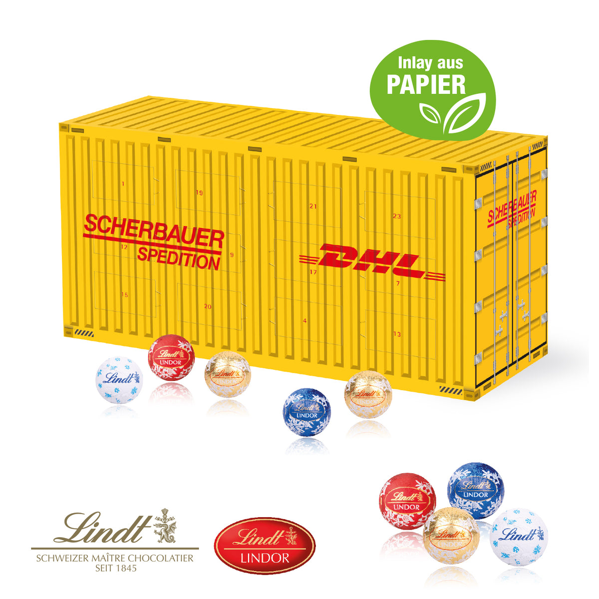 3D Adventskalender Container mit Lindt Schokolade mit Papier-Inlay