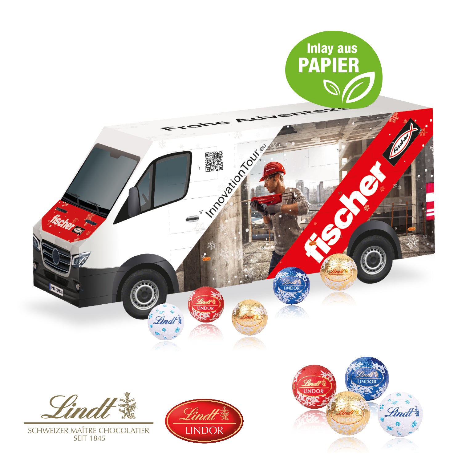 3D Adventskalender Transporter mit Lindt Schokolade mit Papier-Inlay – Produktansicht